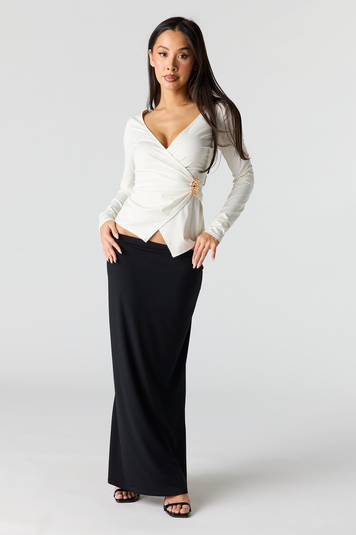 Alt View 3. Satin Wrapped Long Sleeve Top - White