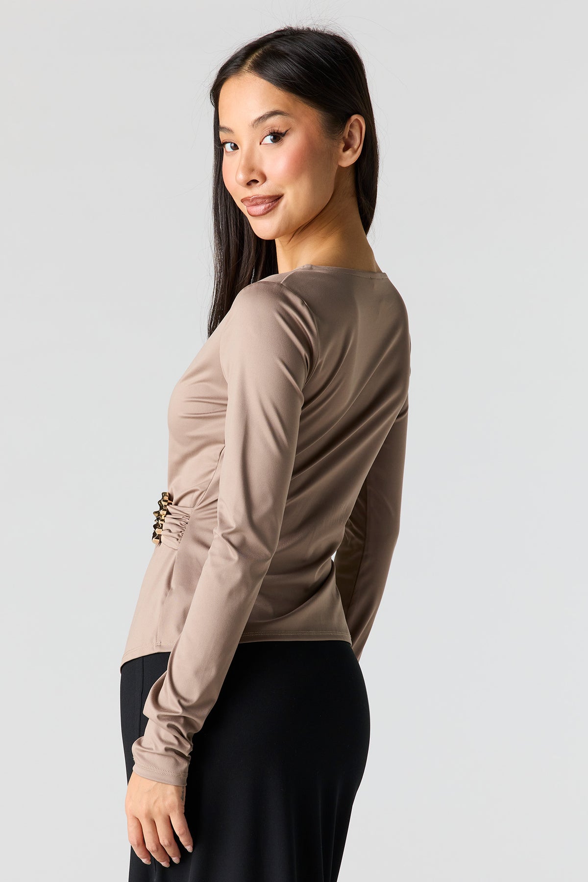 Alt View 2. Satin Wrapped Long Sleeve Top - Tan