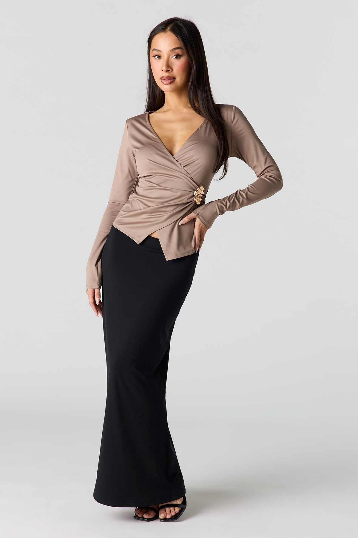 Alt View 3. Satin Wrapped Long Sleeve Top - Tan