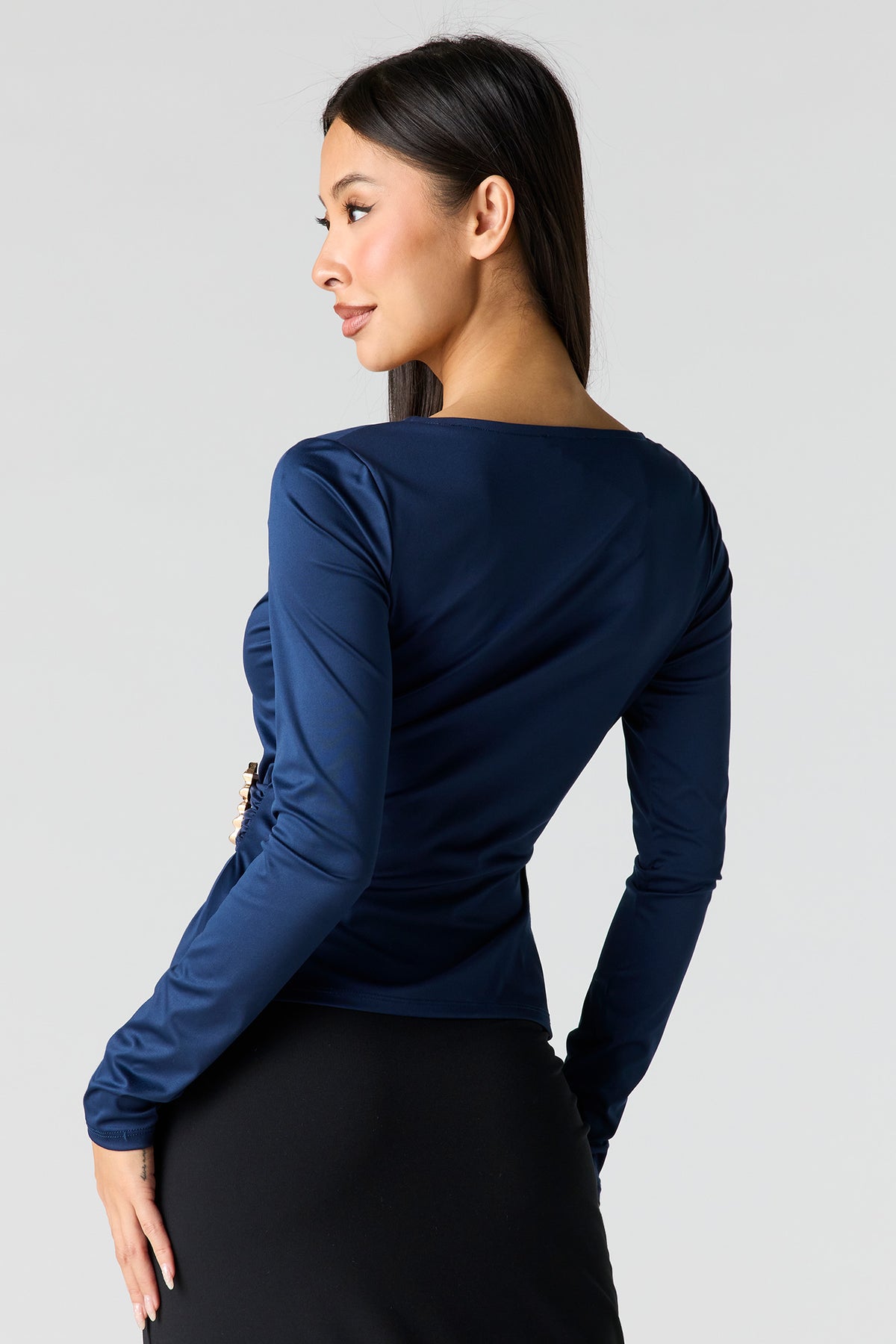 Alt View 2. Satin Wrapped Long Sleeve Top - Navy