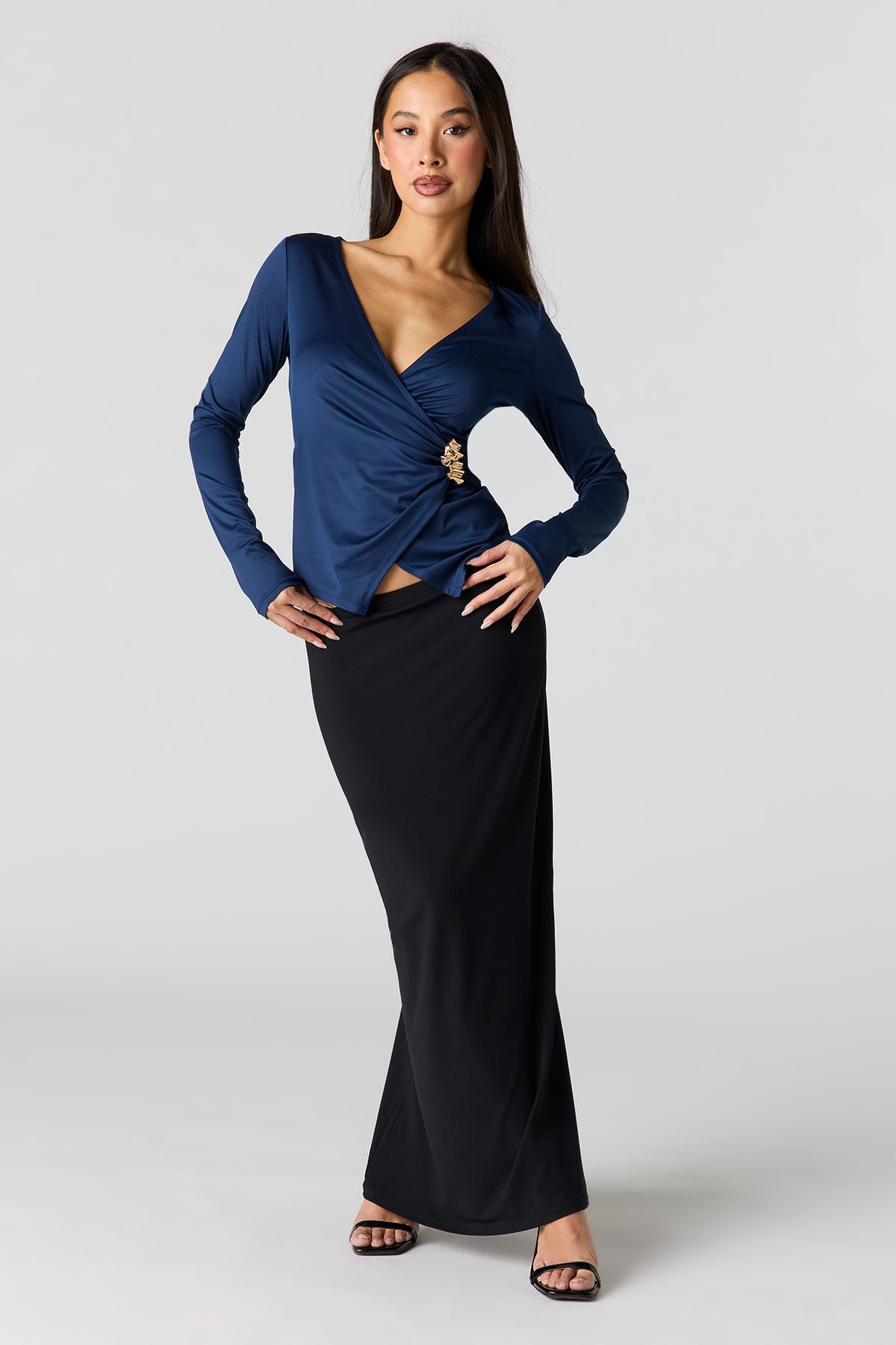Alt View 3. Satin Wrapped Long Sleeve Top - Navy