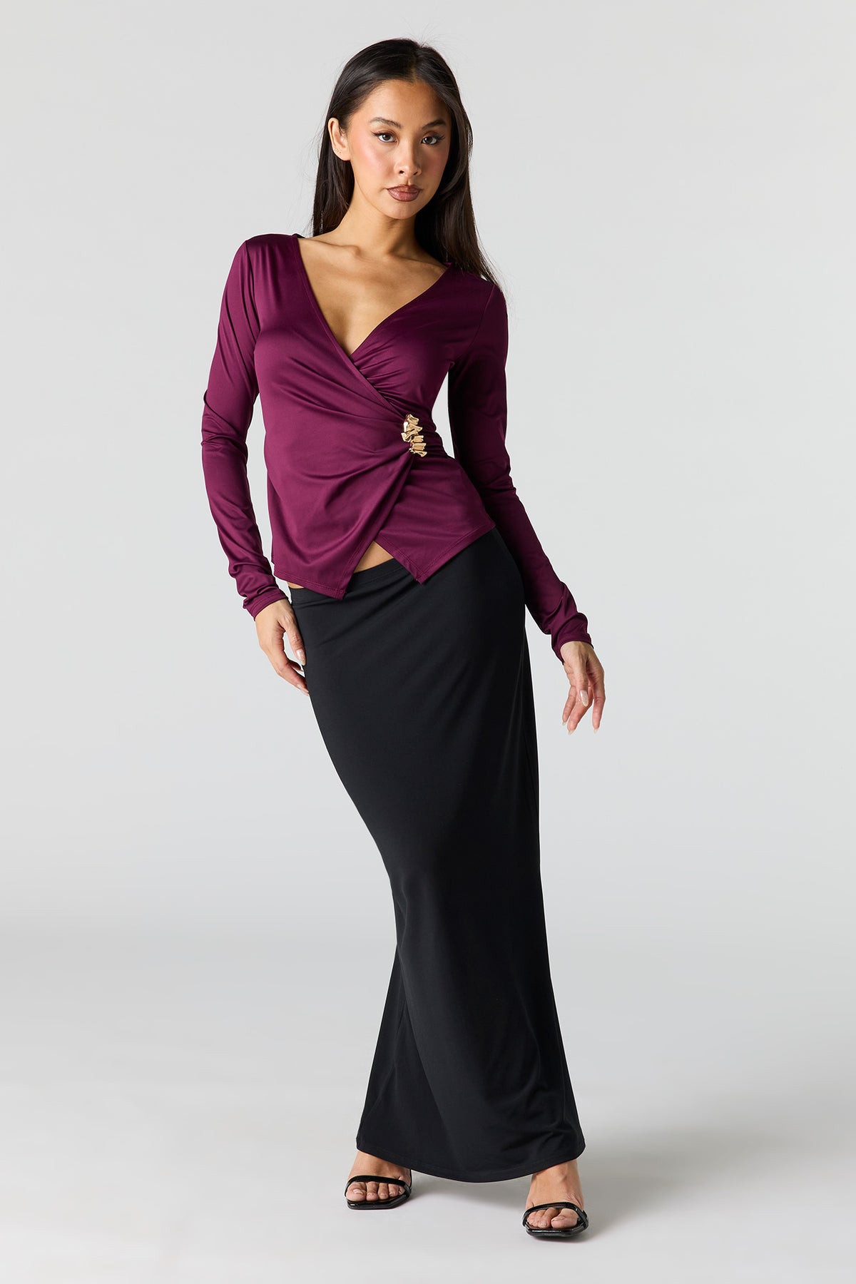 Alt View 3. Satin Wrapped Long Sleeve Top - Plum