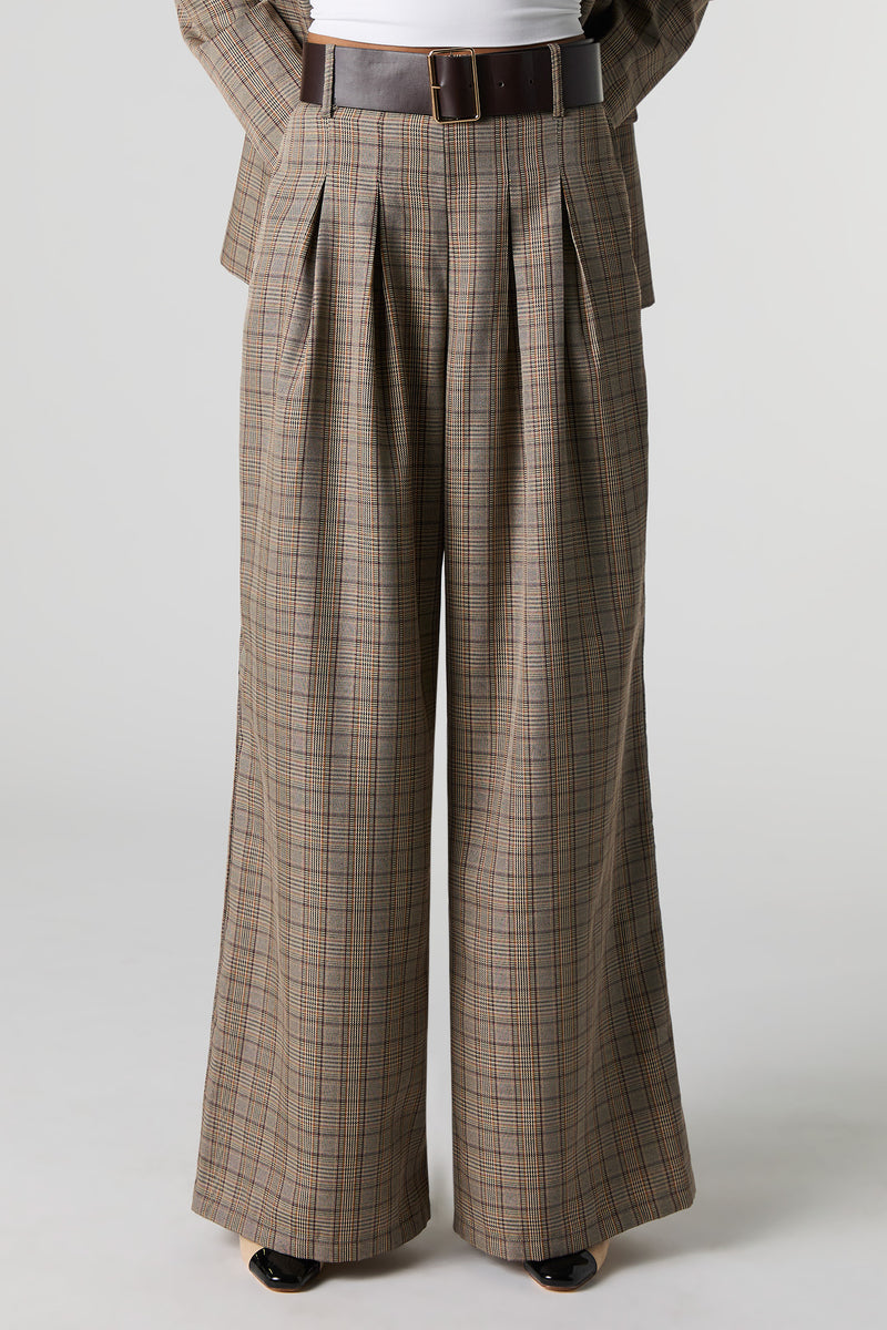 Pantalon habillé à jambe large avec carreaux et ceinture