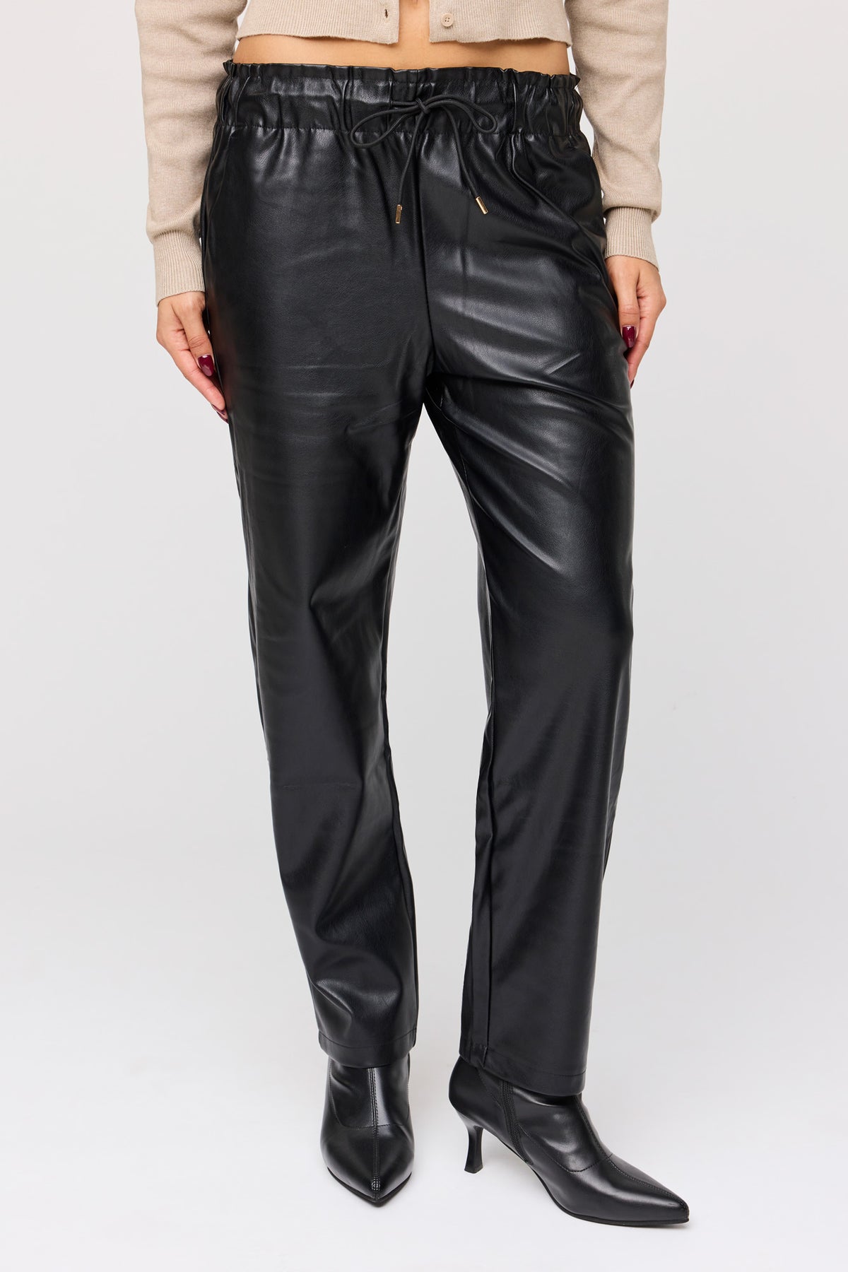 Alt View 2. Faux Leather Drawstring Pant - Black
