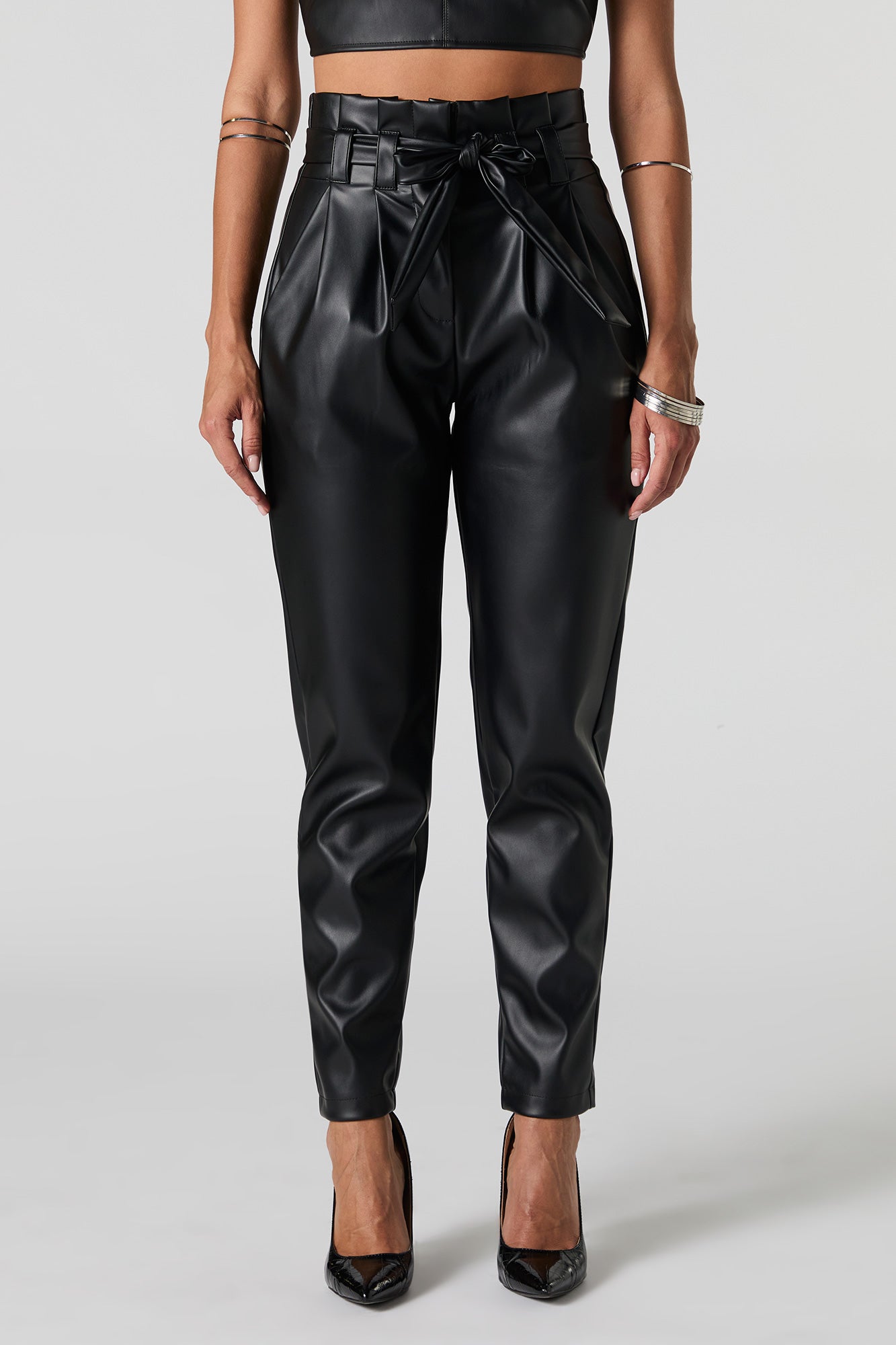 Faux Leather Metallic Paperbag Dress Pant