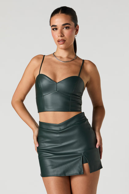 Faux Leather Slit Mini Skirt