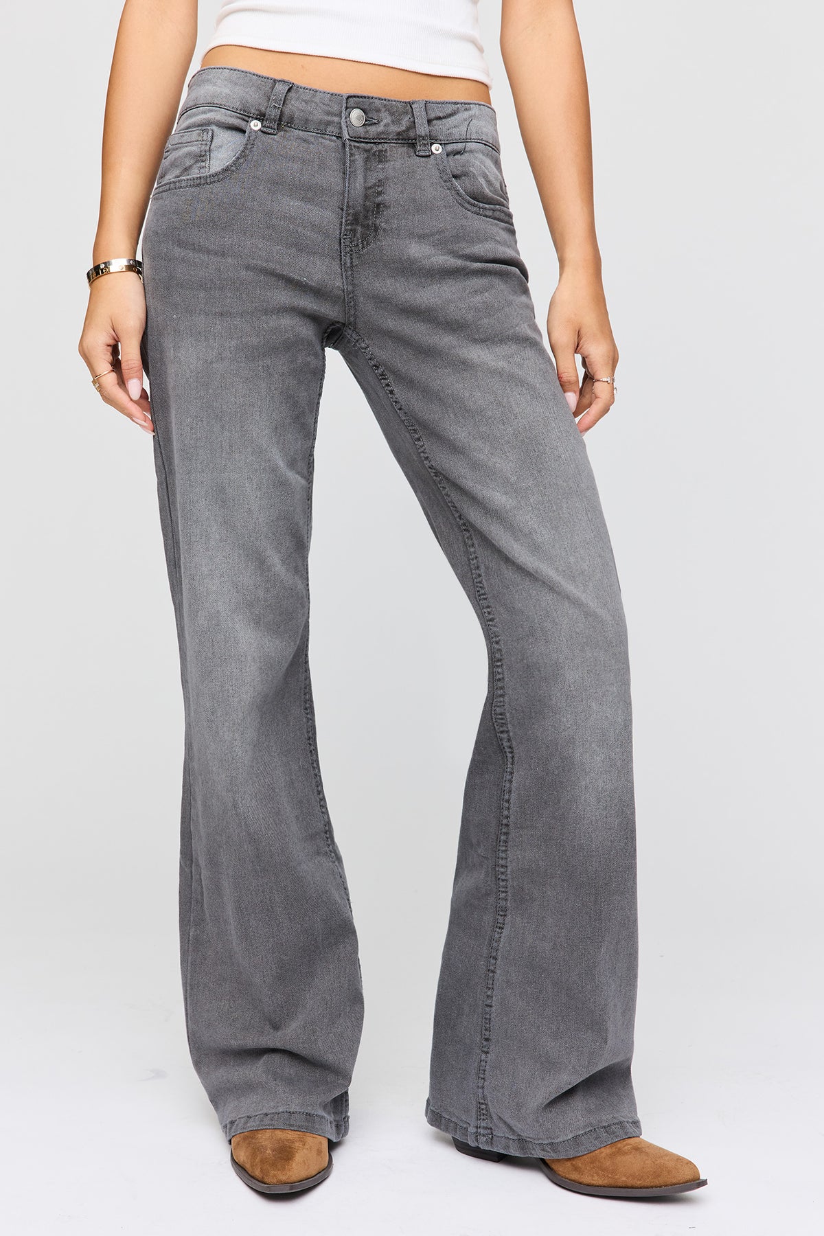 Alt View 2. Stretch Super Low Rise Flare Jean - Light Grey