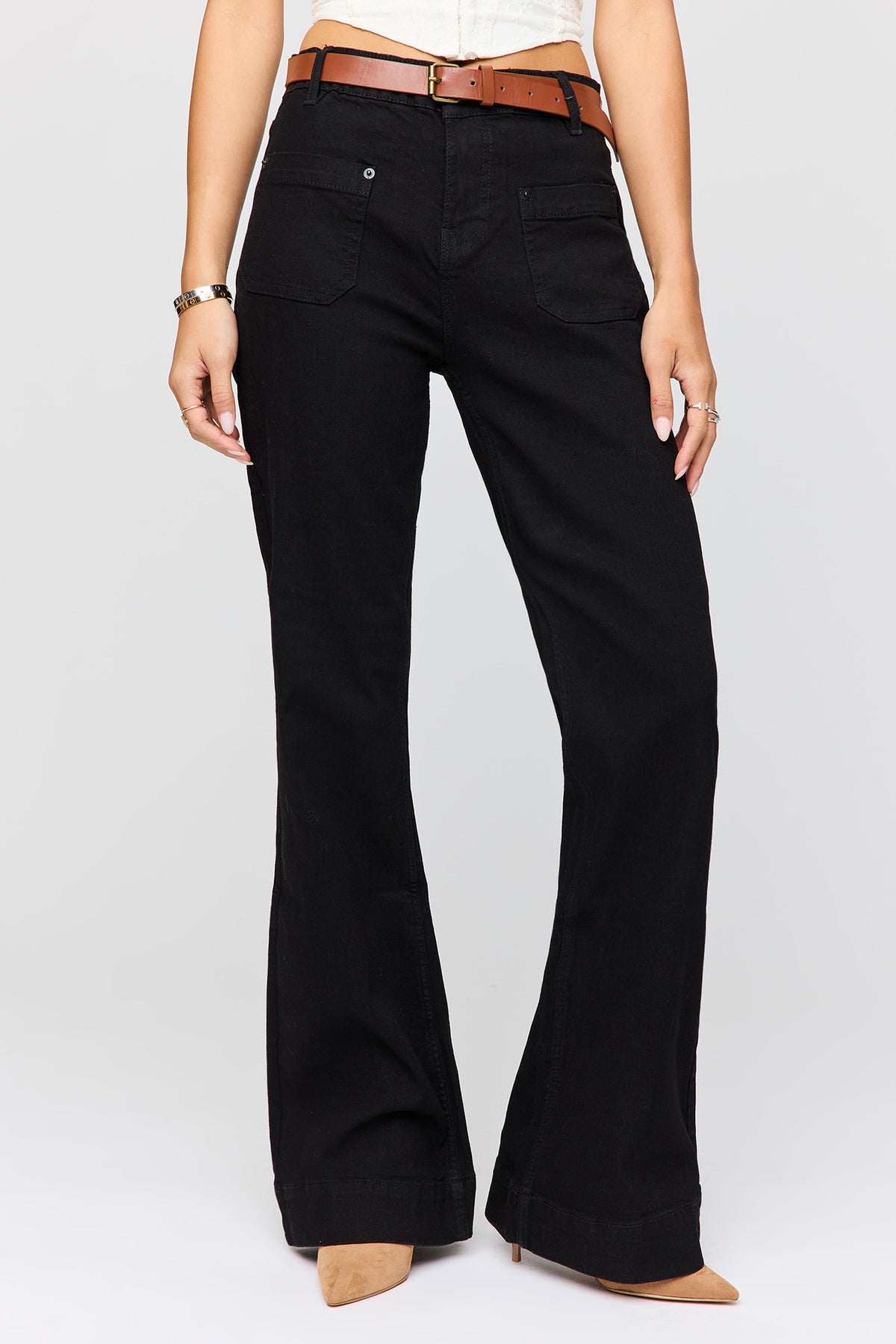 Alt View 2. Low Rise Belted Flare Jean - Black