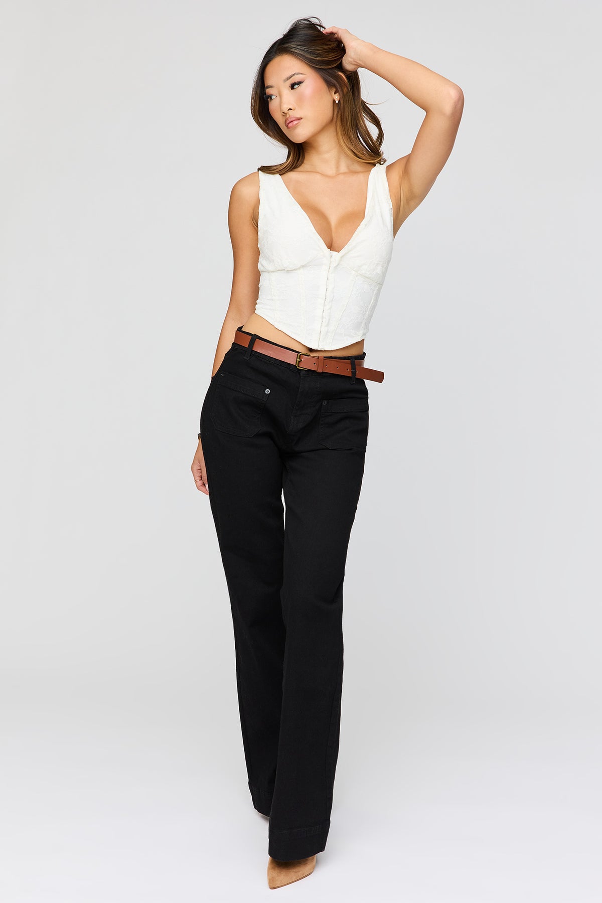Low Rise Belted Flare Jean - Black