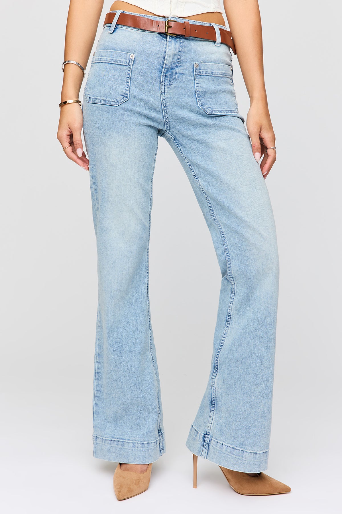 Alt View 2. Low Rise Belted Flare Jean - Light Denim Blue