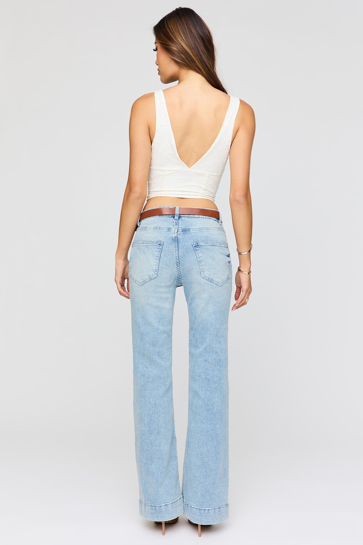 Alt View 3. Low Rise Belted Flare Jean - Light Denim Blue