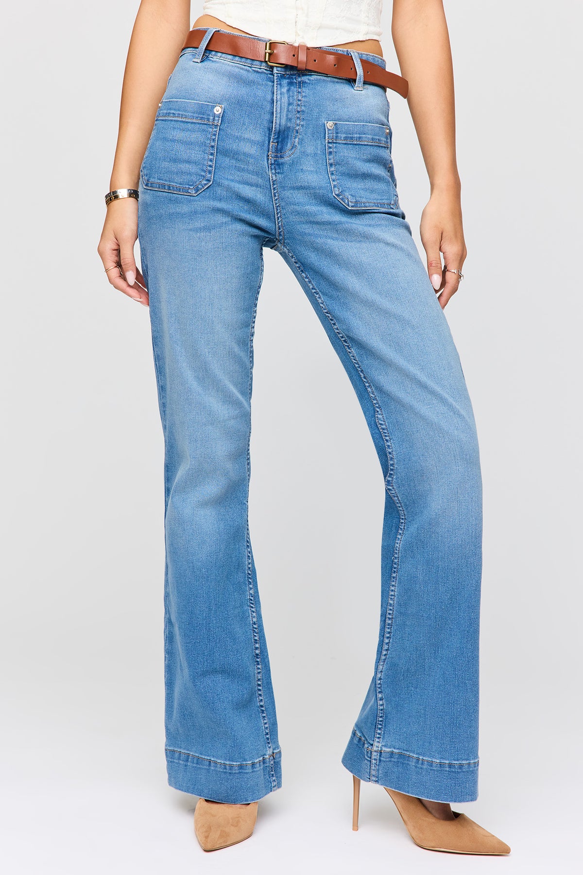 Alt View 2. Low Rise Belted Flare Jean - Denim Blue