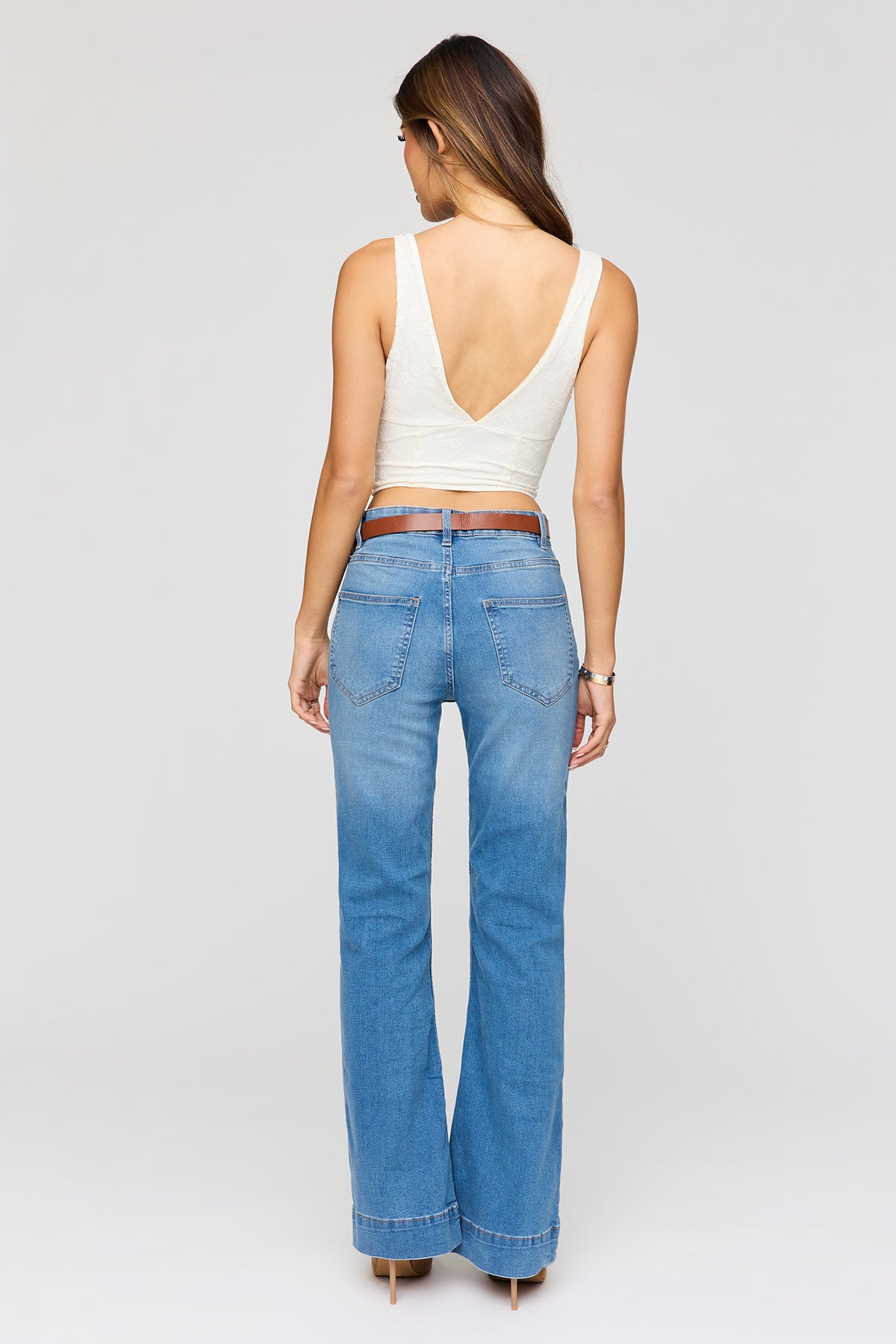 Alt View 3. Low Rise Belted Flare Jean - Denim Blue