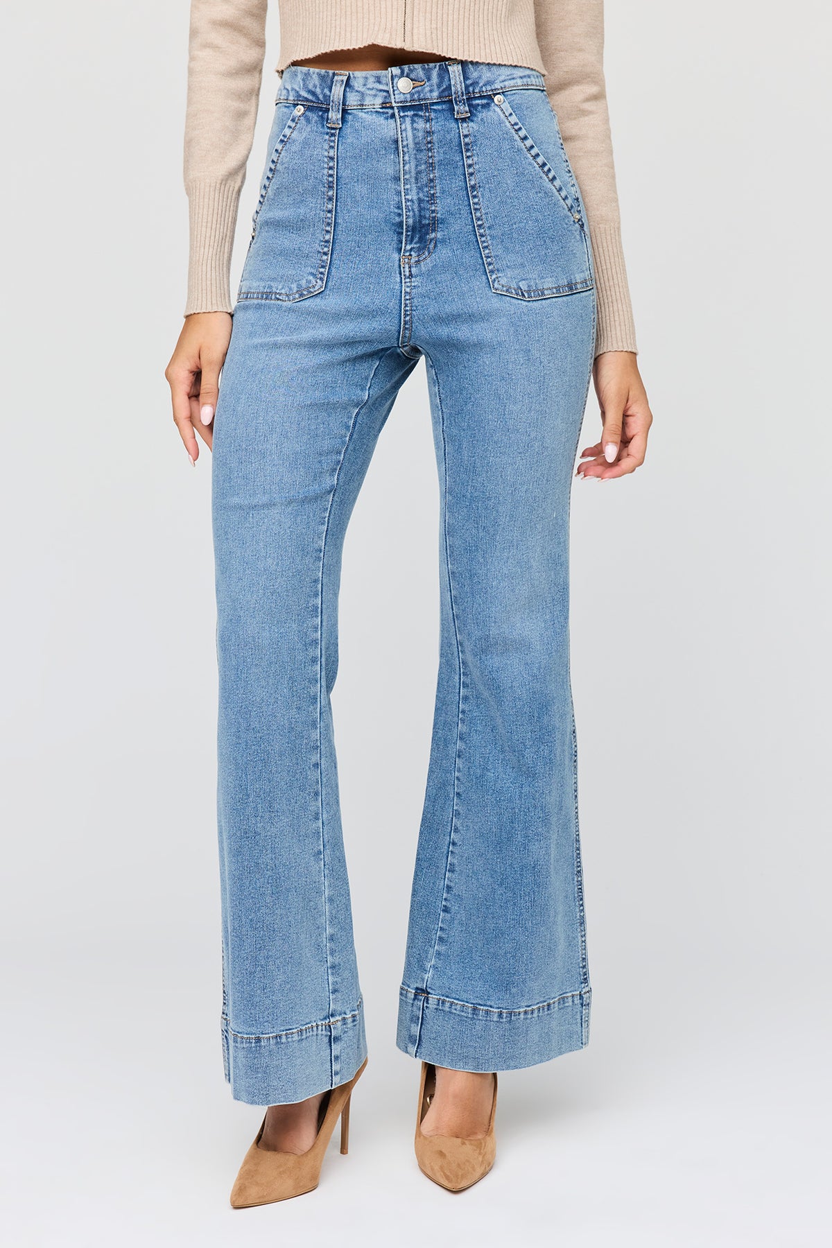 Alt View 2. Mid Rise Flare Jean - Denim Blue