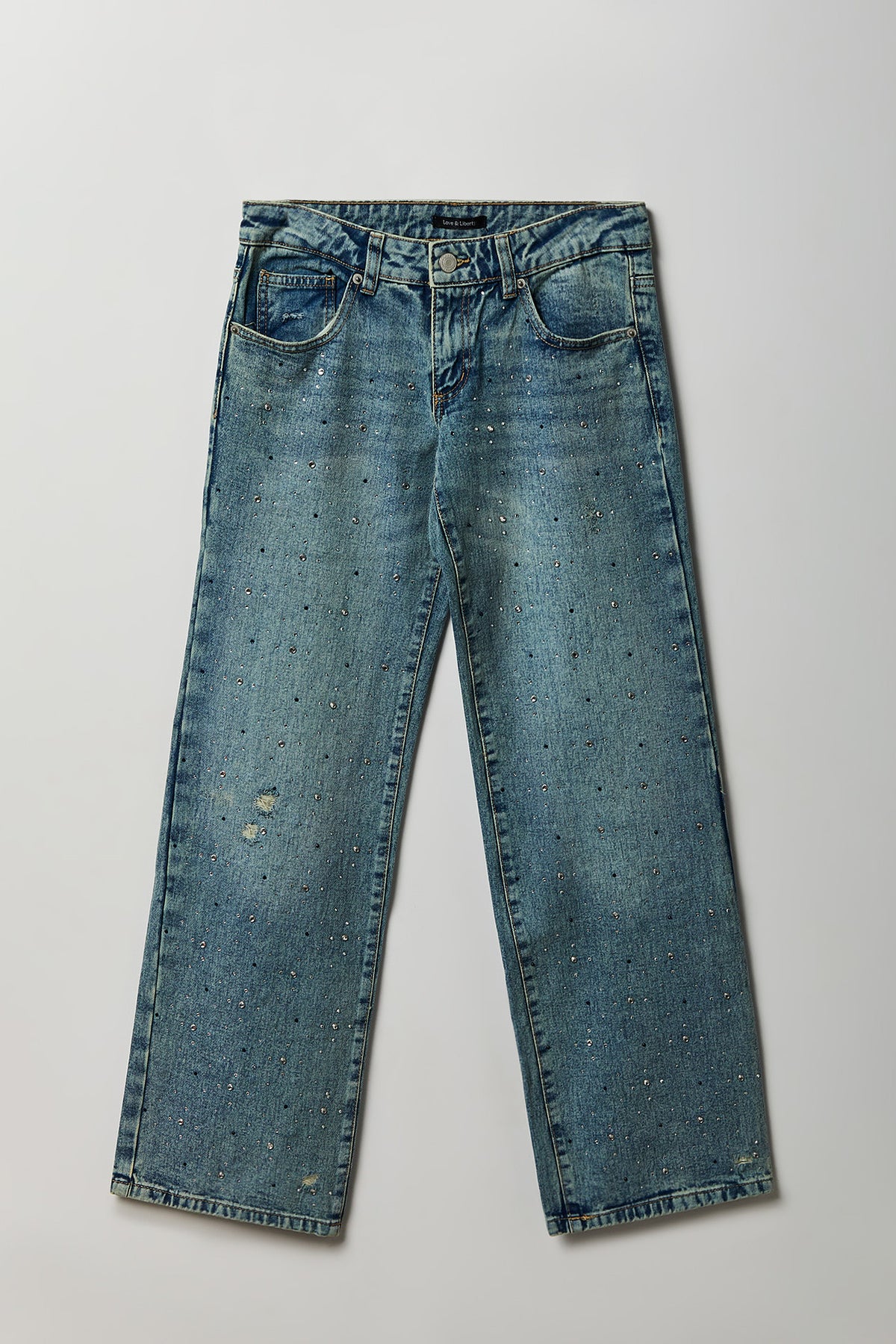 Jean à jambe large et taille basse avec pierres du Rhin