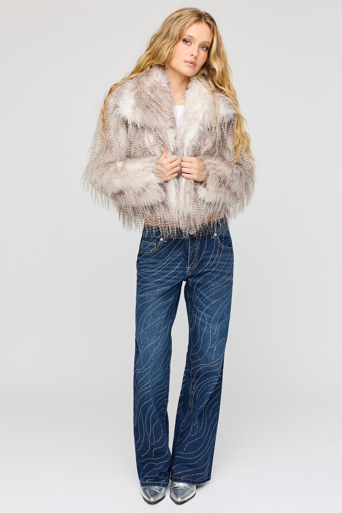 Rhinestone Low Rise Wide Leg Jean - Denim Blue