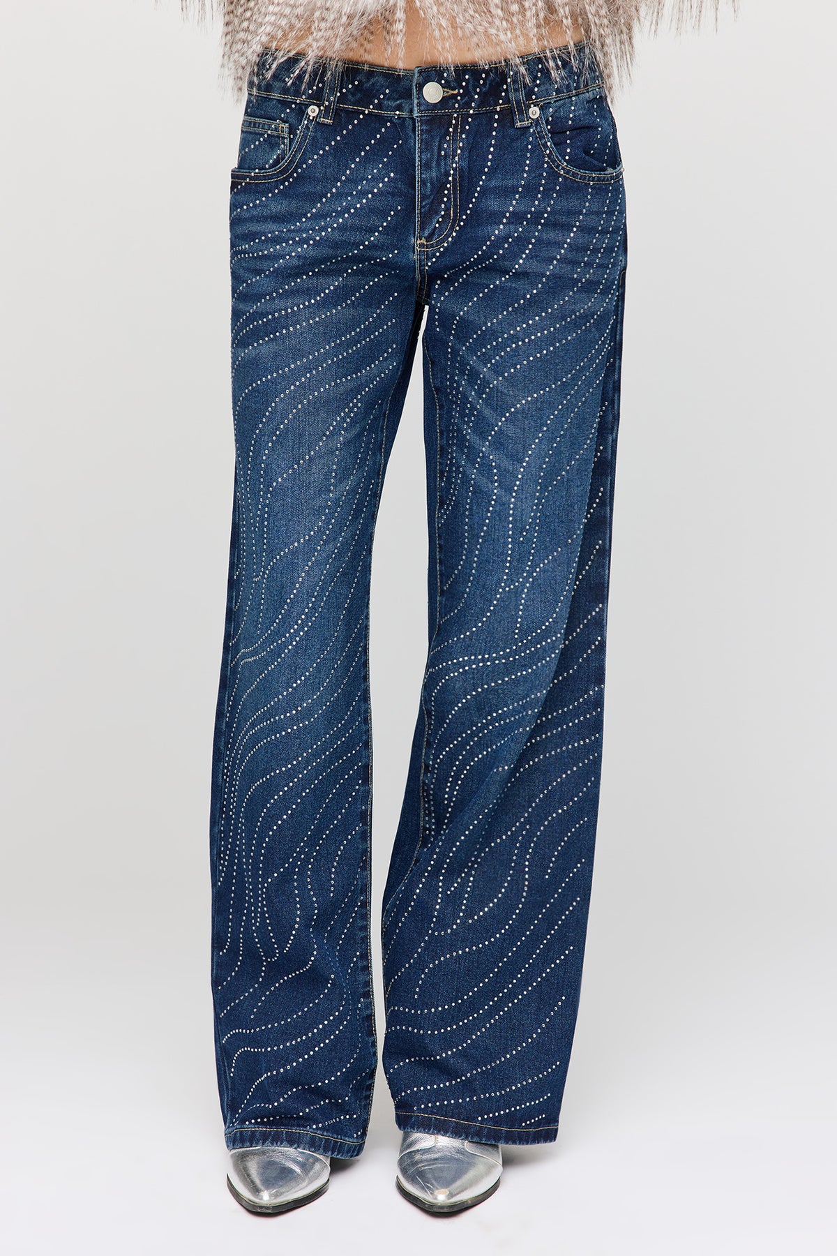 Alt View 2. Rhinestone Low Rise Wide Leg Jean - Denim Blue