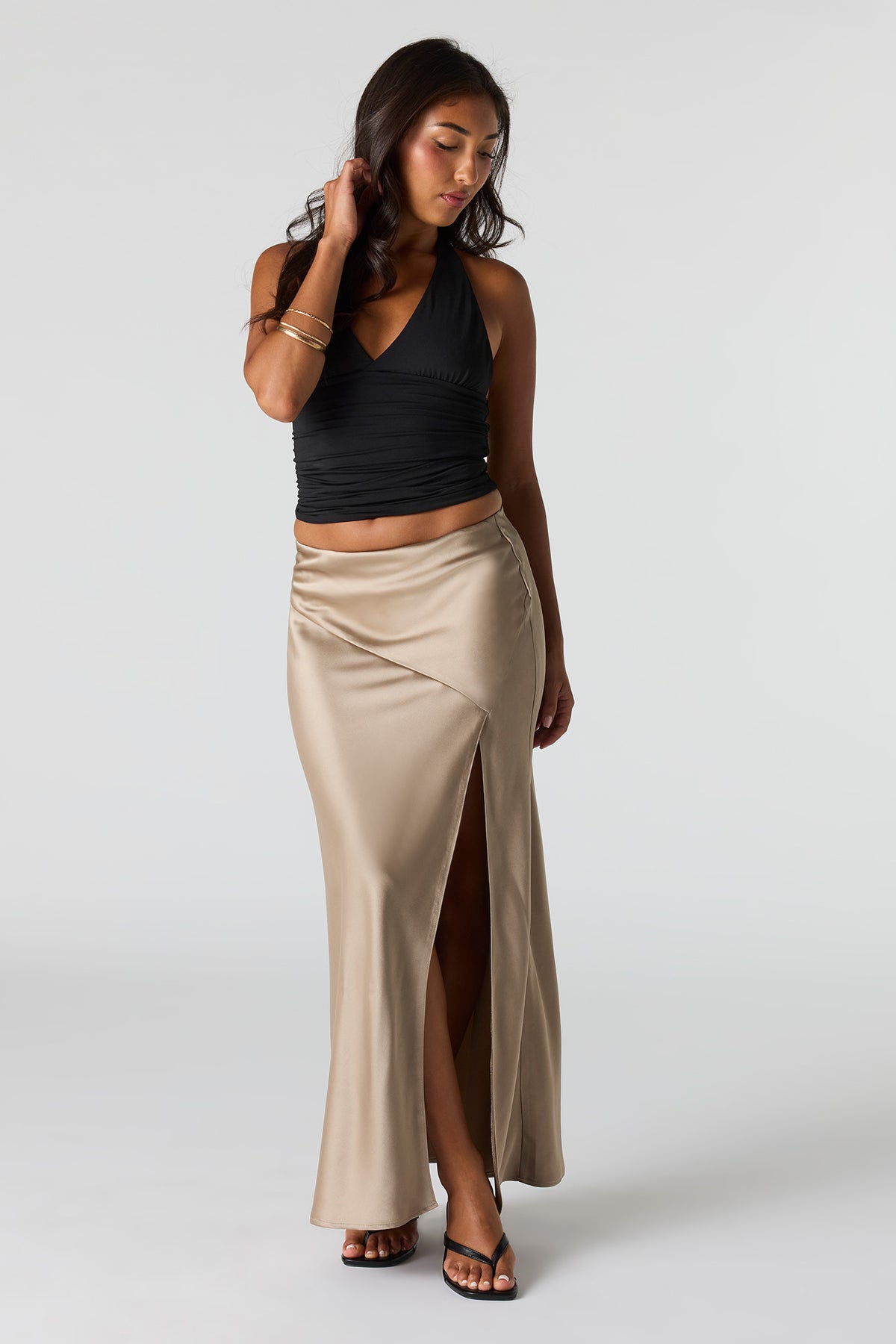 Satin Flowy Midi Slit Skirt - Taupe