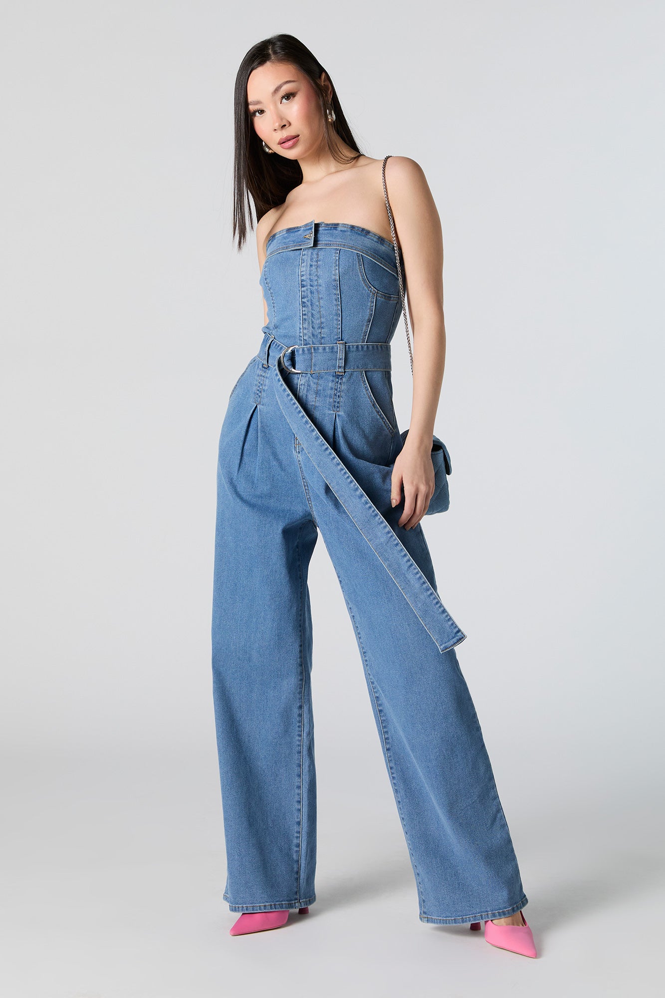 Denim Belted Strapless Wide Leg Jumpsuit