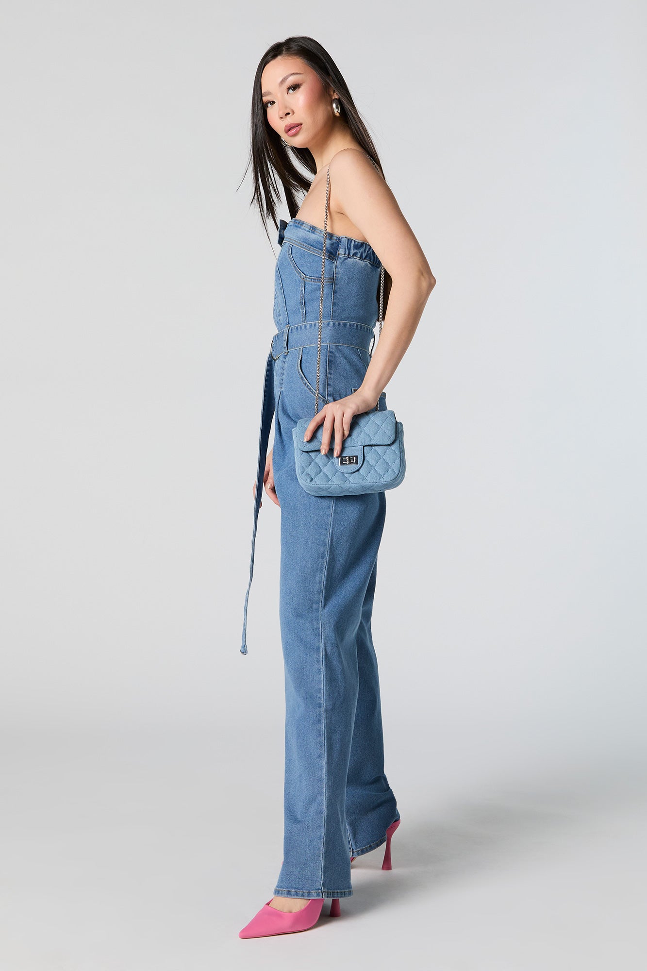 Denim Belted Strapless Wide Leg Jumpsuit