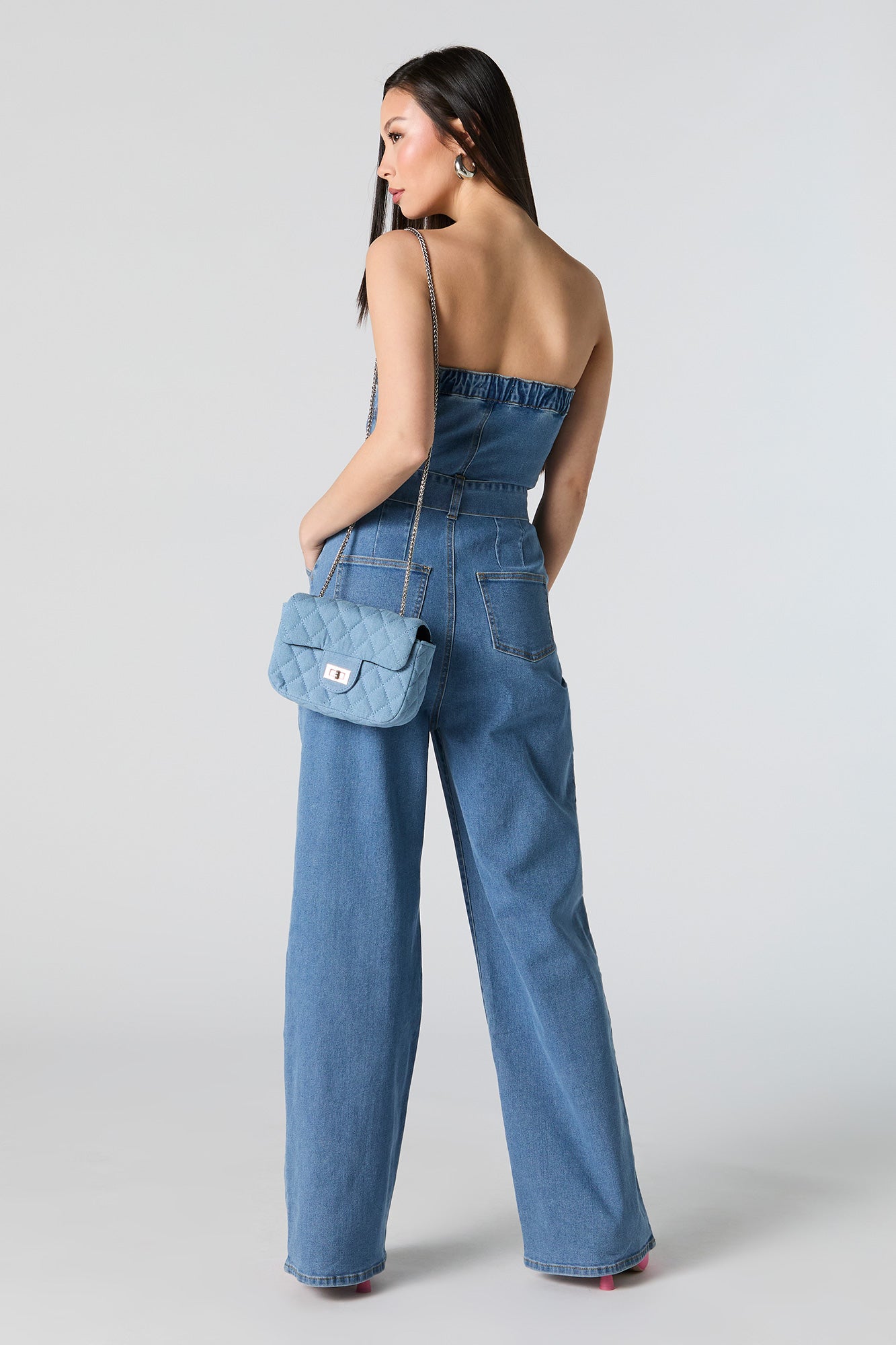 Denim Belted Strapless Wide Leg Jumpsuit