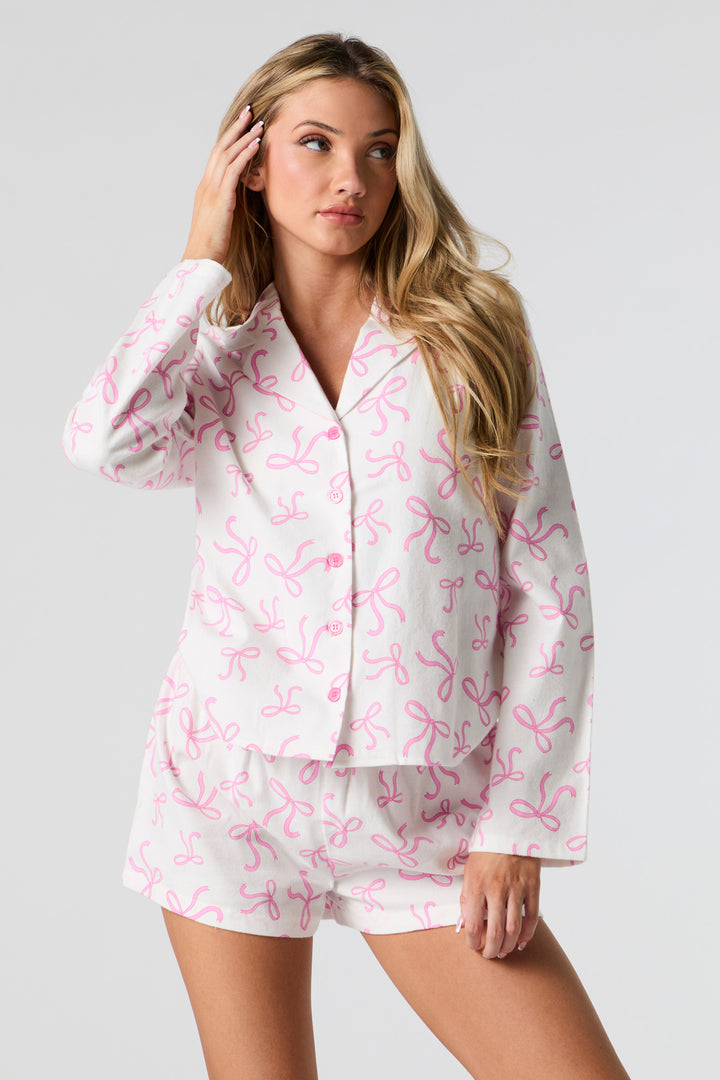 Flannel Button-Up Top & Short 2 Piece Pajama Set