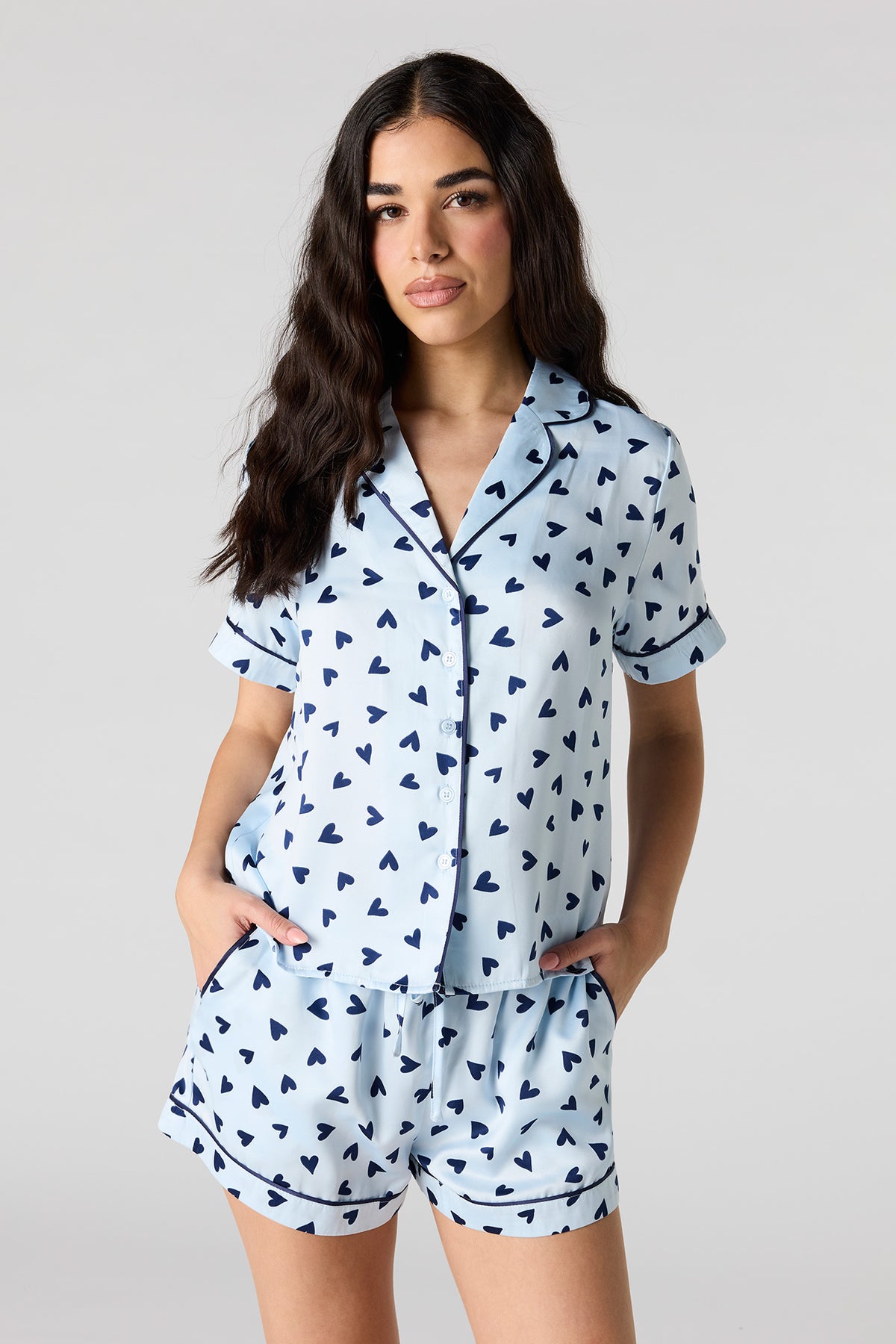 Button-Up Top & Short Pajama Set - Blue