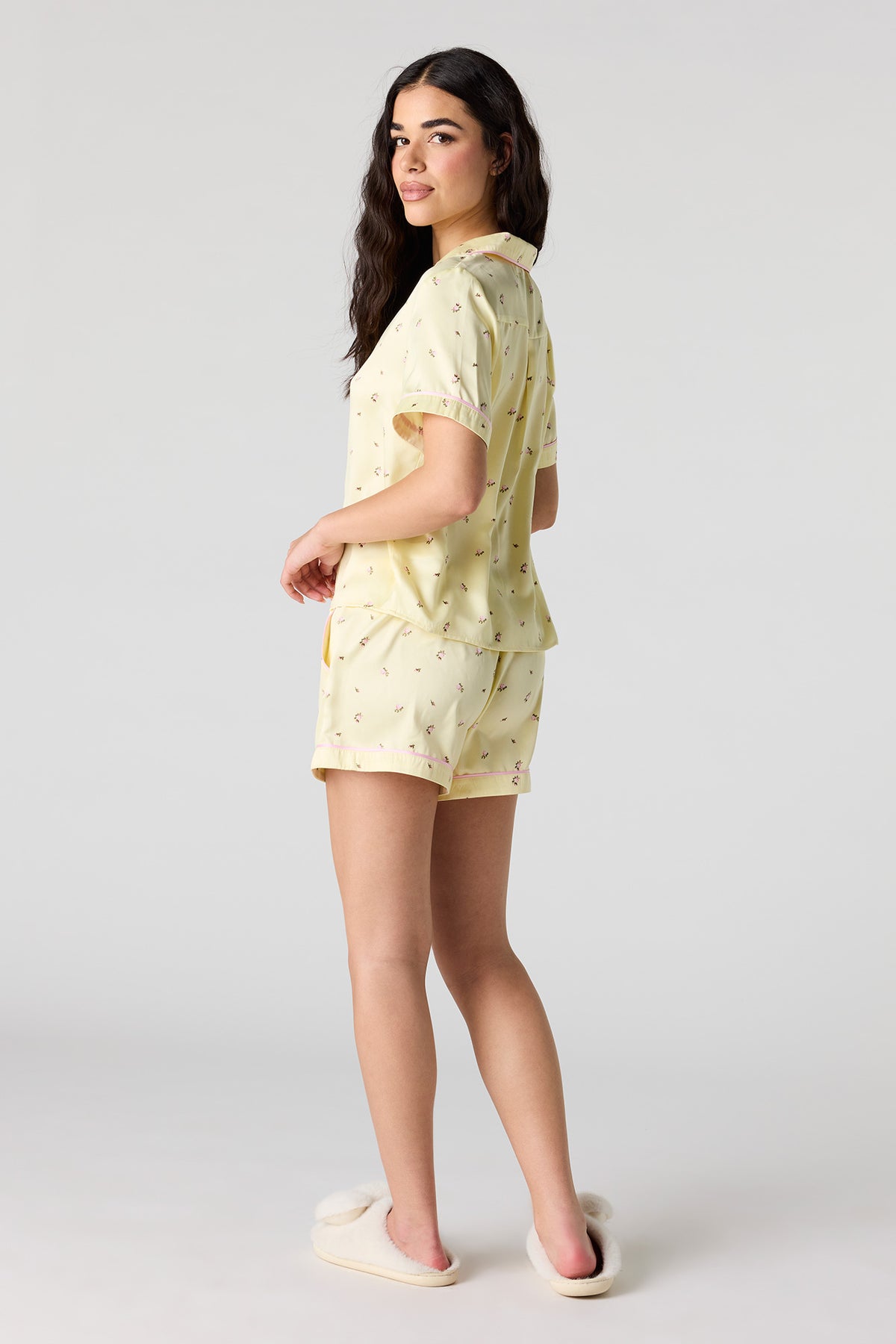 Alt View 2. Button-Up Top & Short Pajama Set - Yellow