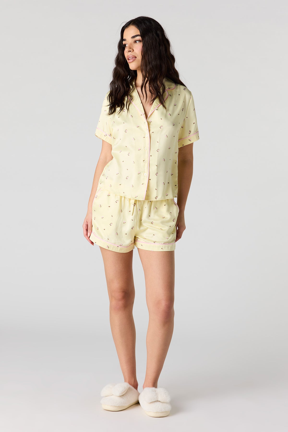 Alt View 3. Button-Up Top & Short Pajama Set - Yellow