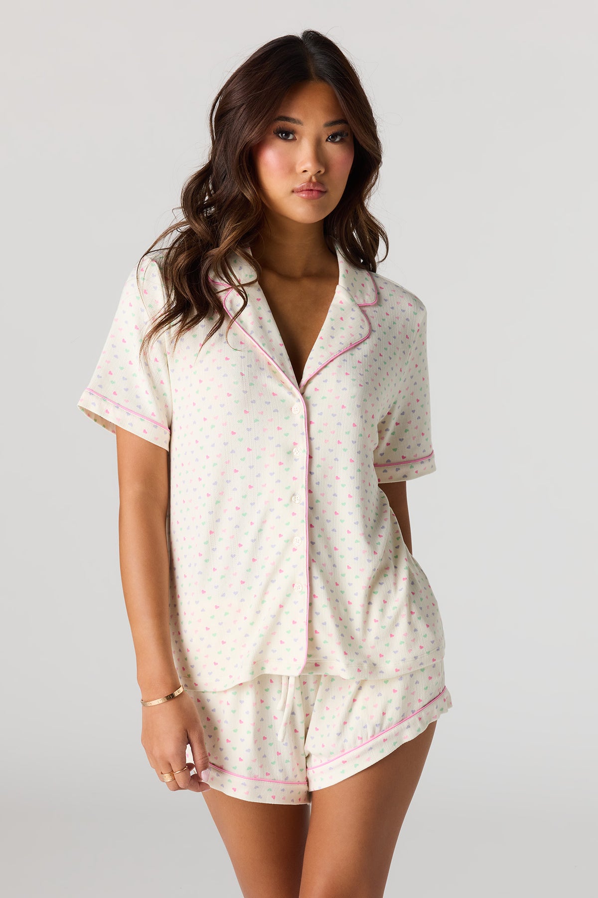 Printed Button-Up Collared Top & Short Pajama Set - Off White