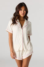 Printed Button-Up Collared Top & Short Pajama Set