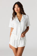 Printed Button-Up Collared Top & Short Pajama Set