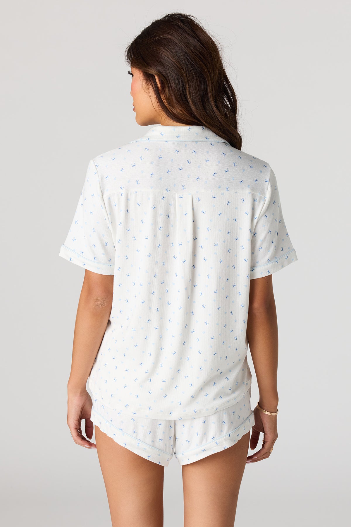 Alt View 2. Printed Button-Up Collared Top & Short Pajama Set - White