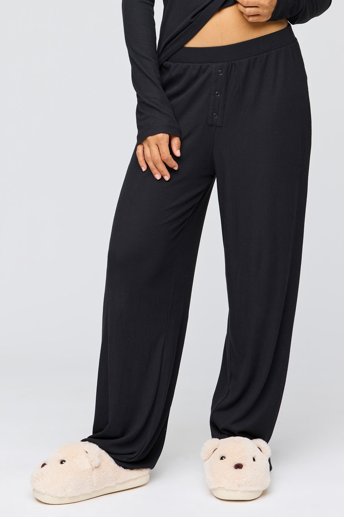 Alt View 3. Ribbed Long Sleeve Top & Pant Pajama Set - Black