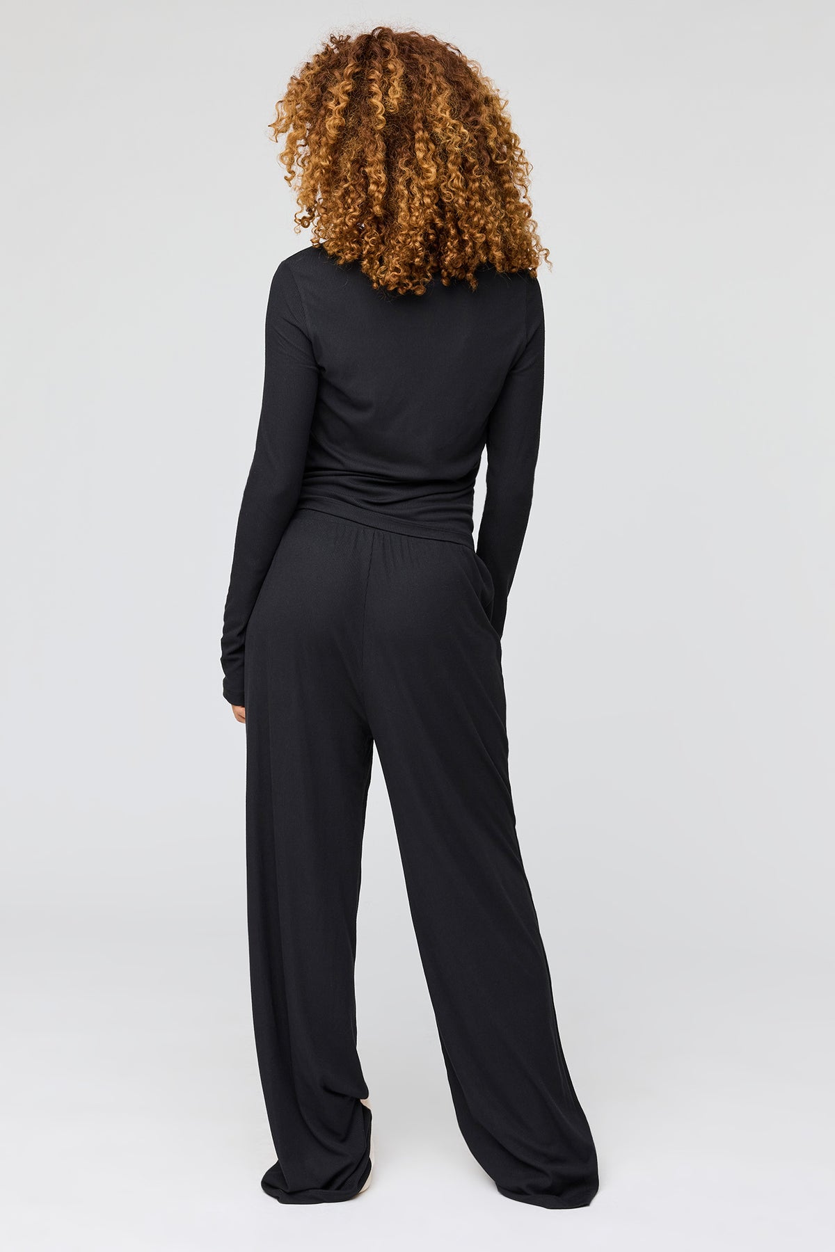 Alt View 4. Ribbed Long Sleeve Top & Pant Pajama Set - Black