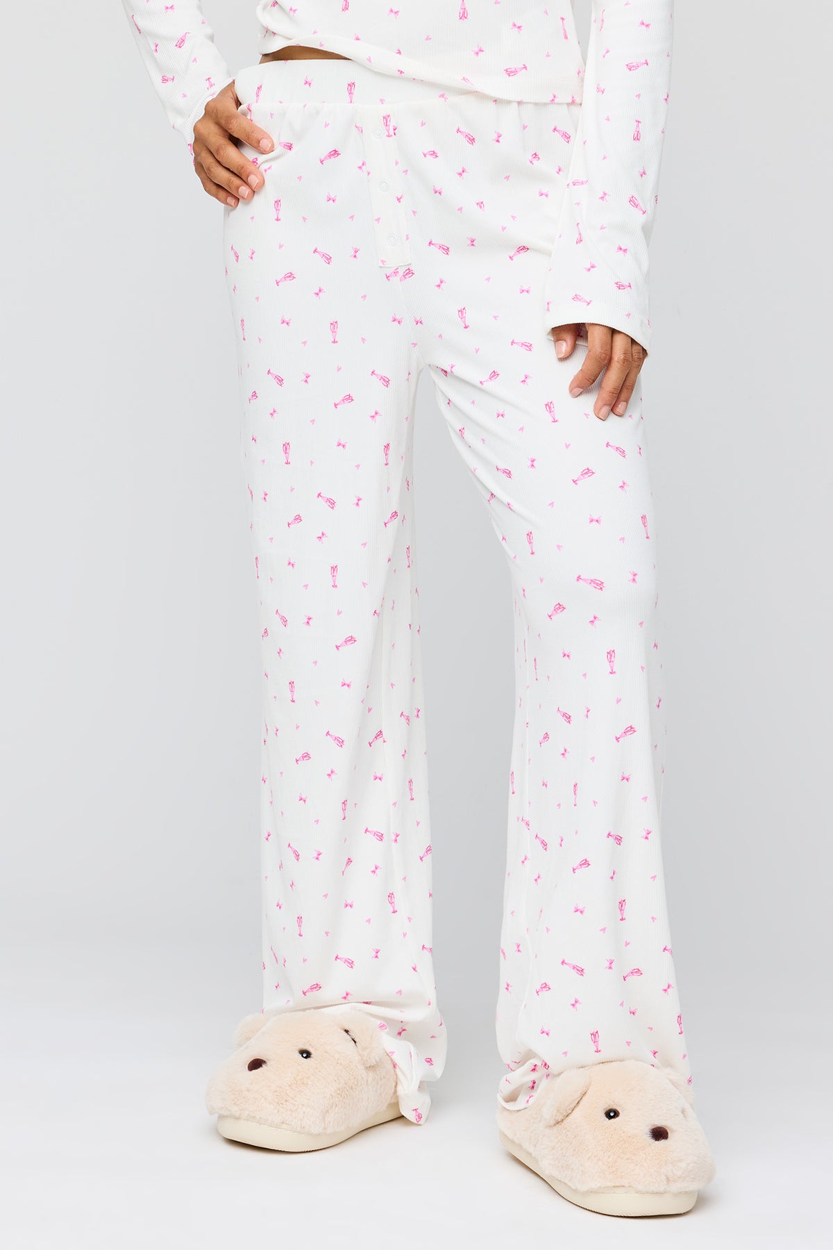 Alt View 3. Ribbed Long Sleeve Top & Pant Pajama Set - White