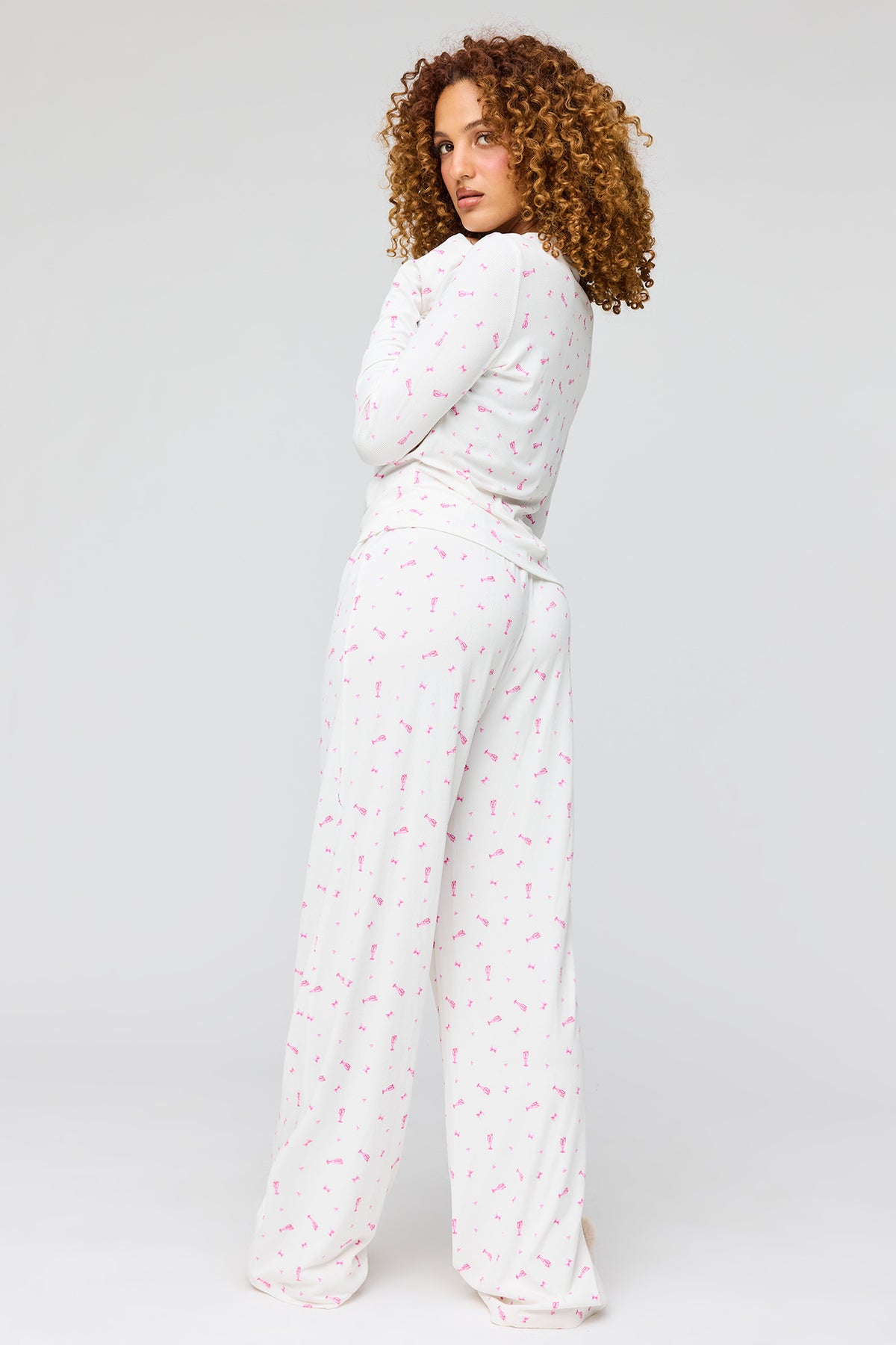 Alt View 4. Ribbed Long Sleeve Top & Pant Pajama Set - White