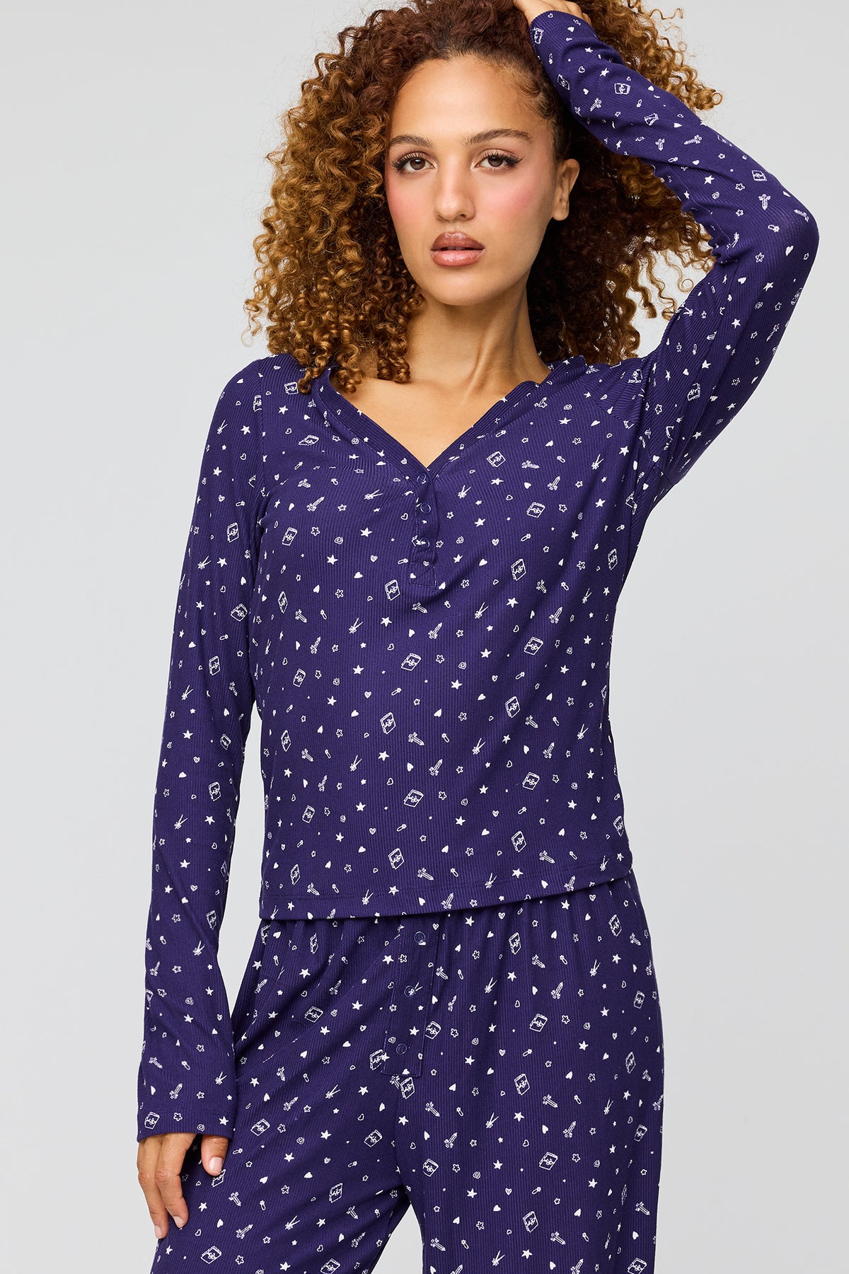 Alt View 2. Ribbed Long Sleeve Top & Pant Pajama Set - Navy