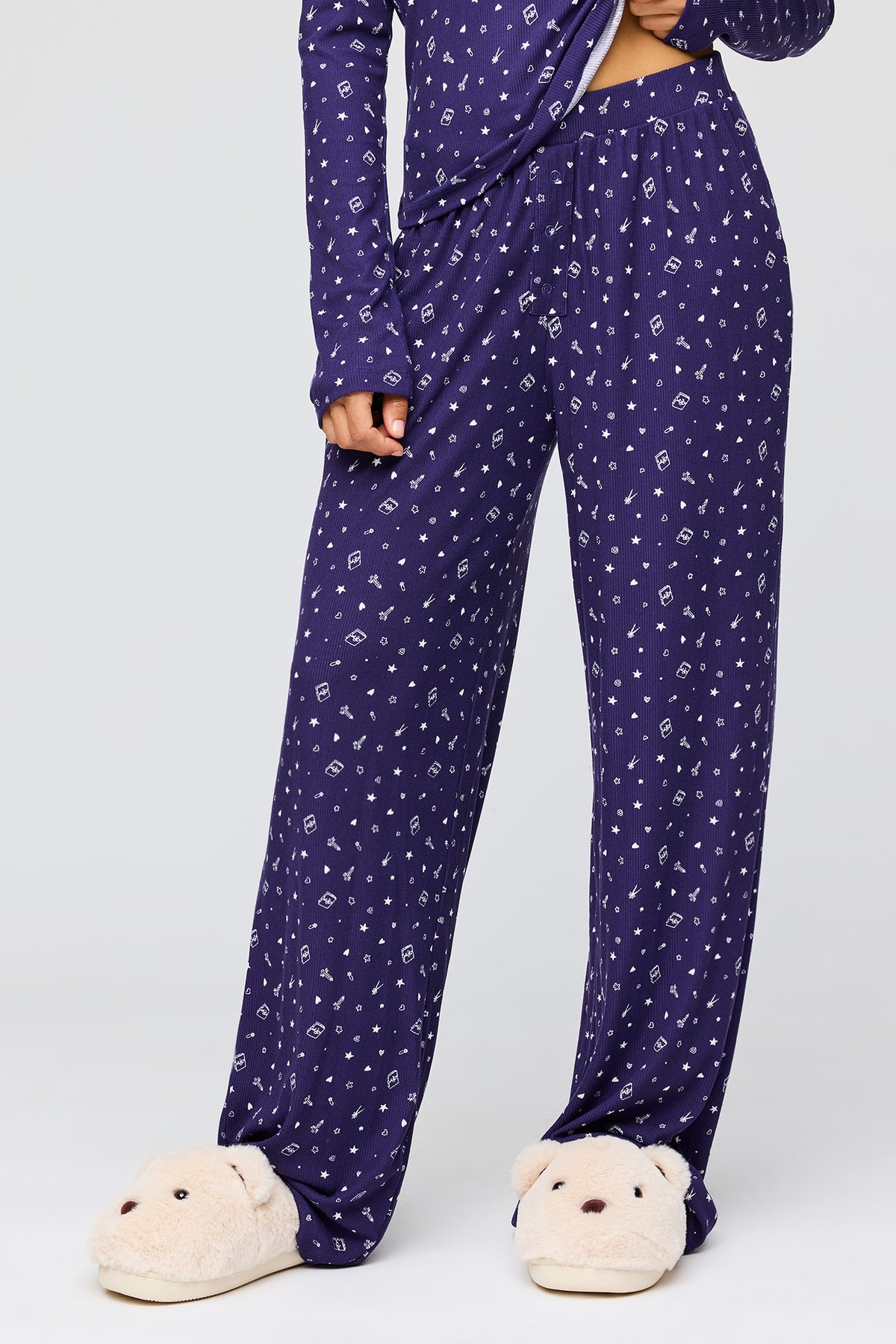 Alt View 3. Ribbed Long Sleeve Top & Pant Pajama Set - Navy