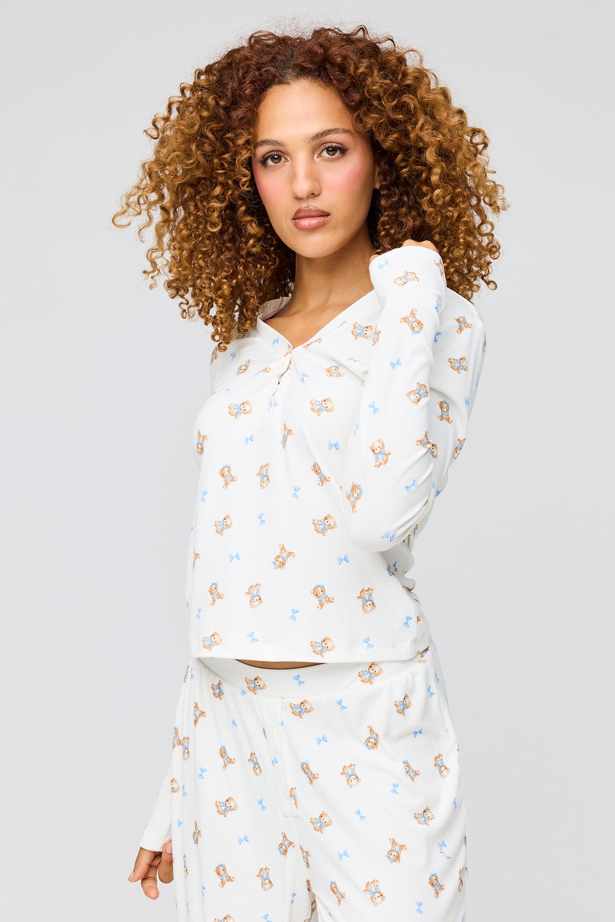 Alt View 2. Ribbed Long Sleeve Top & Pant Pajama Set - Light Blue