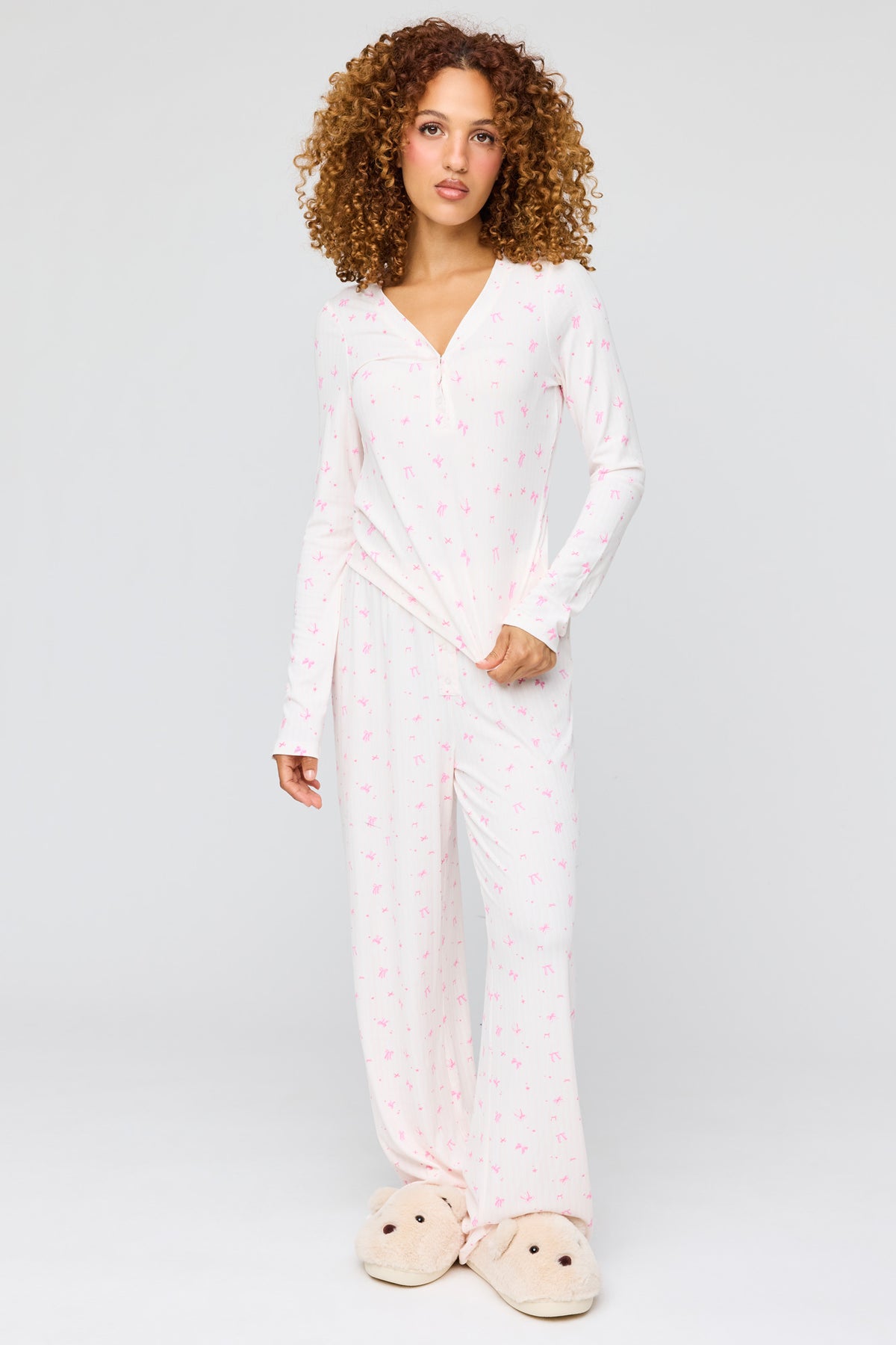 Ribbed Long Sleeve Top & Pant Pajama Set - Pink