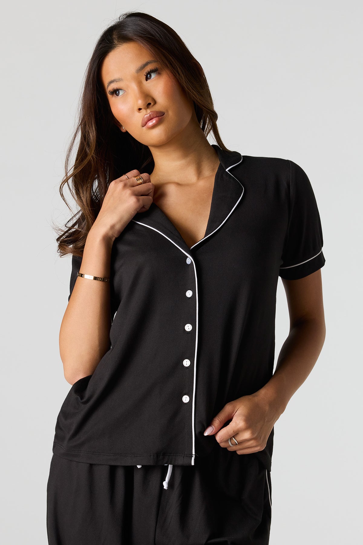 Alt View 2. Soft Button-Up Top & Pant Pajama Set - Black