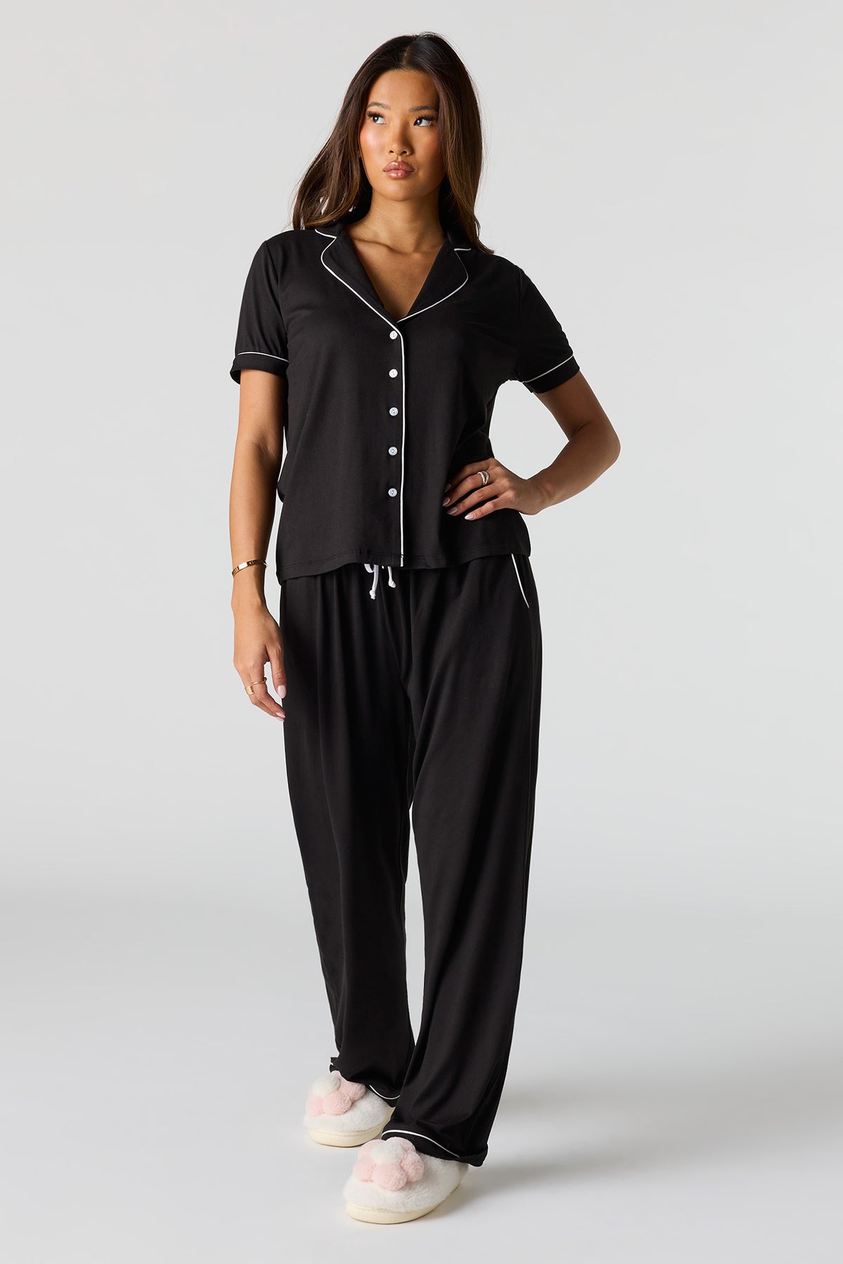 Soft Button-Up Top & Pant Pajama Set - Black