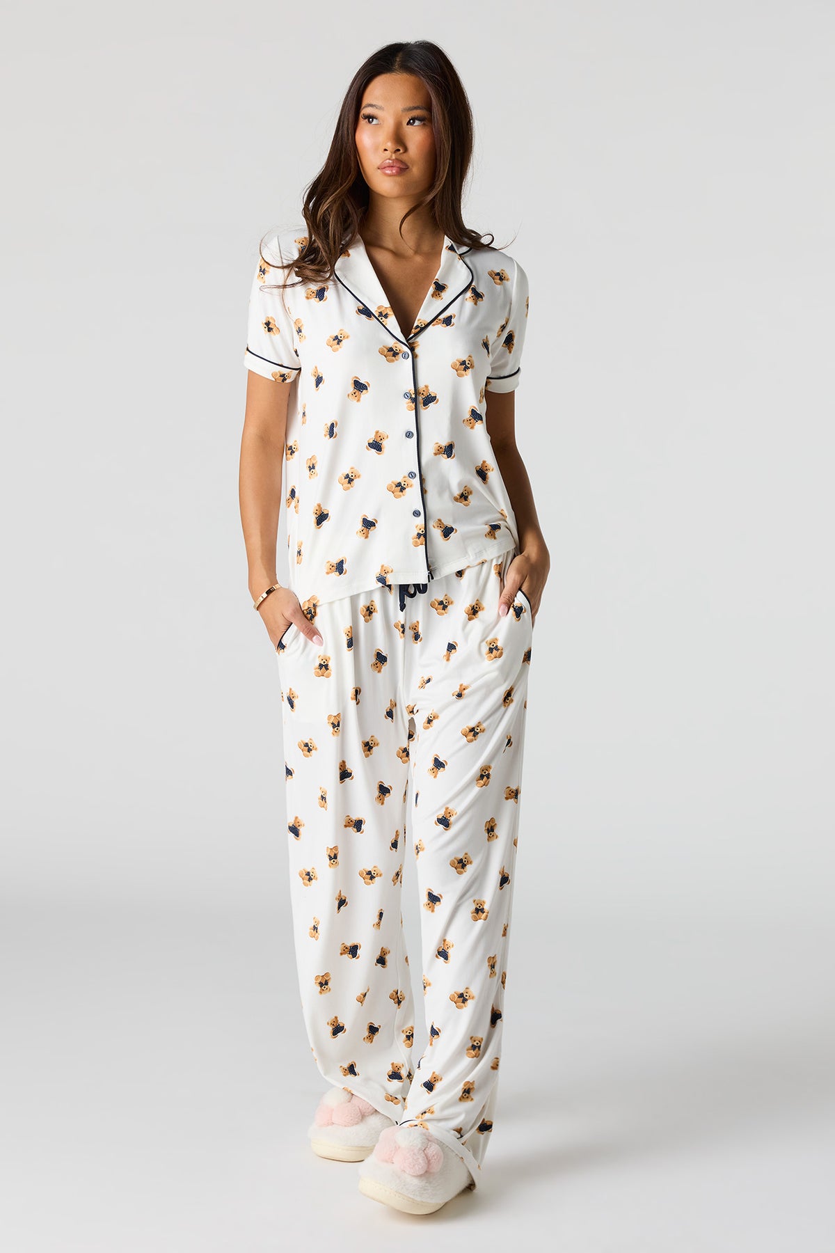 Soft Button-Up Top & Pant Pajama Set - Cream