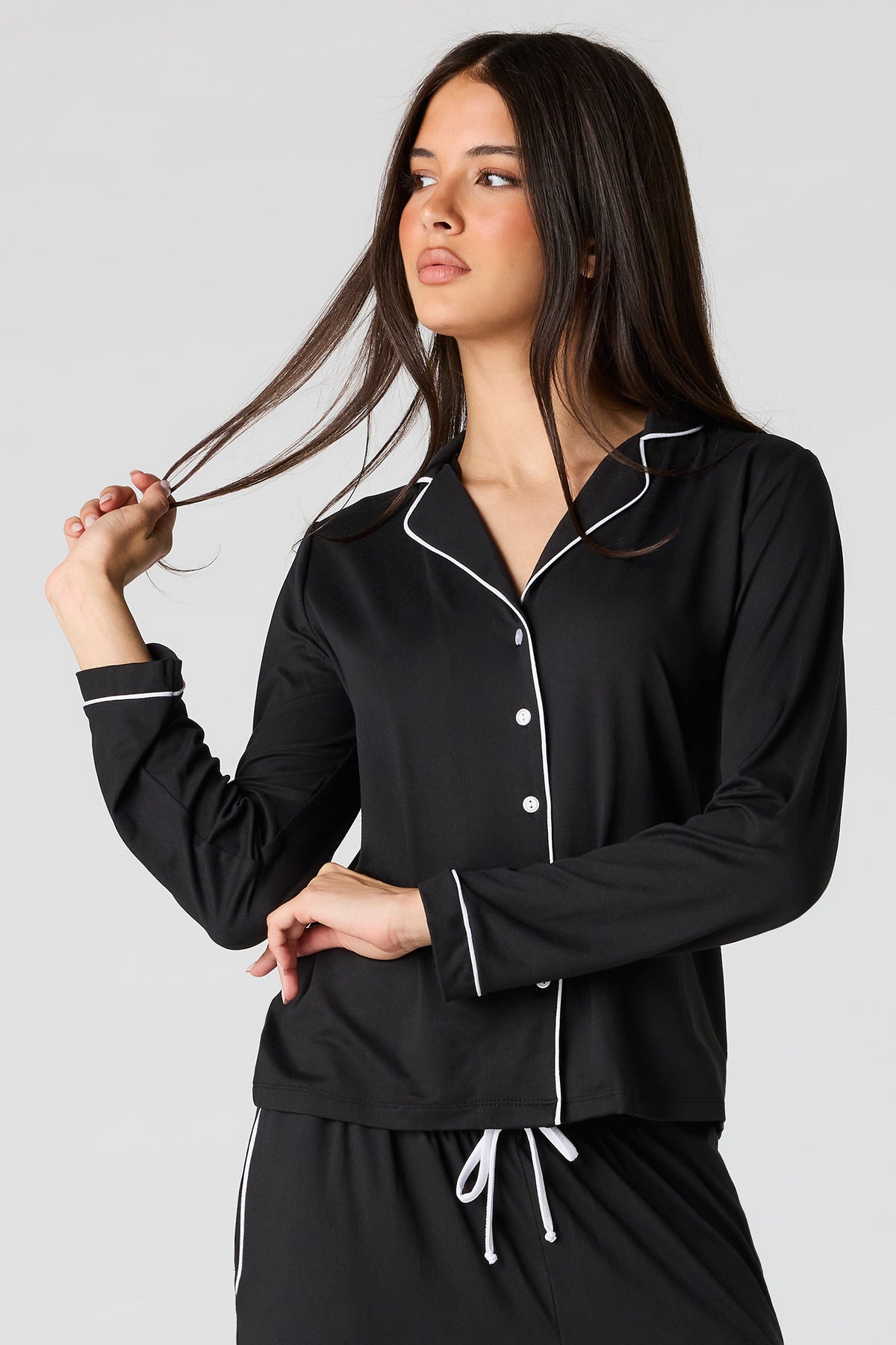 Alt View 2. Button-Up Top & Pant Pajama Set - Black