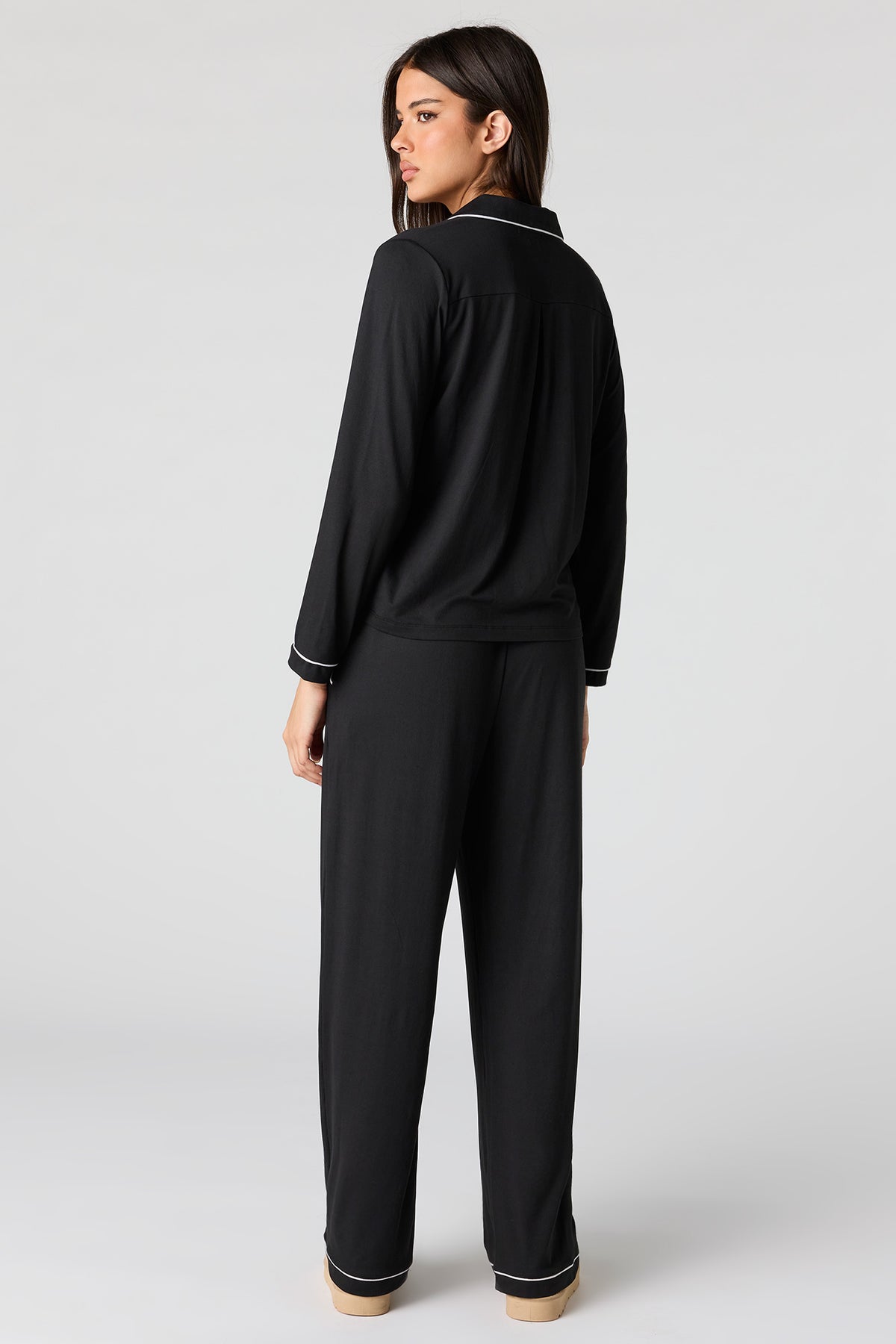 Alt View 4. Button-Up Top & Pant Pajama Set - Black