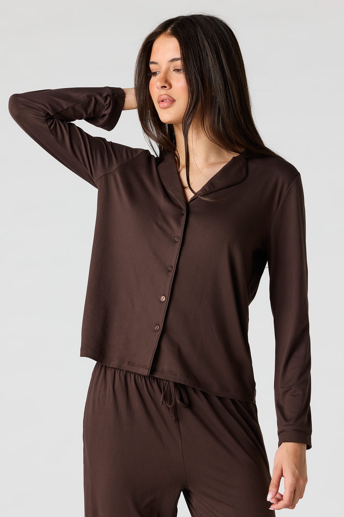 Alt View 2. Button-Up Top & Pant Pajama Set - Brown