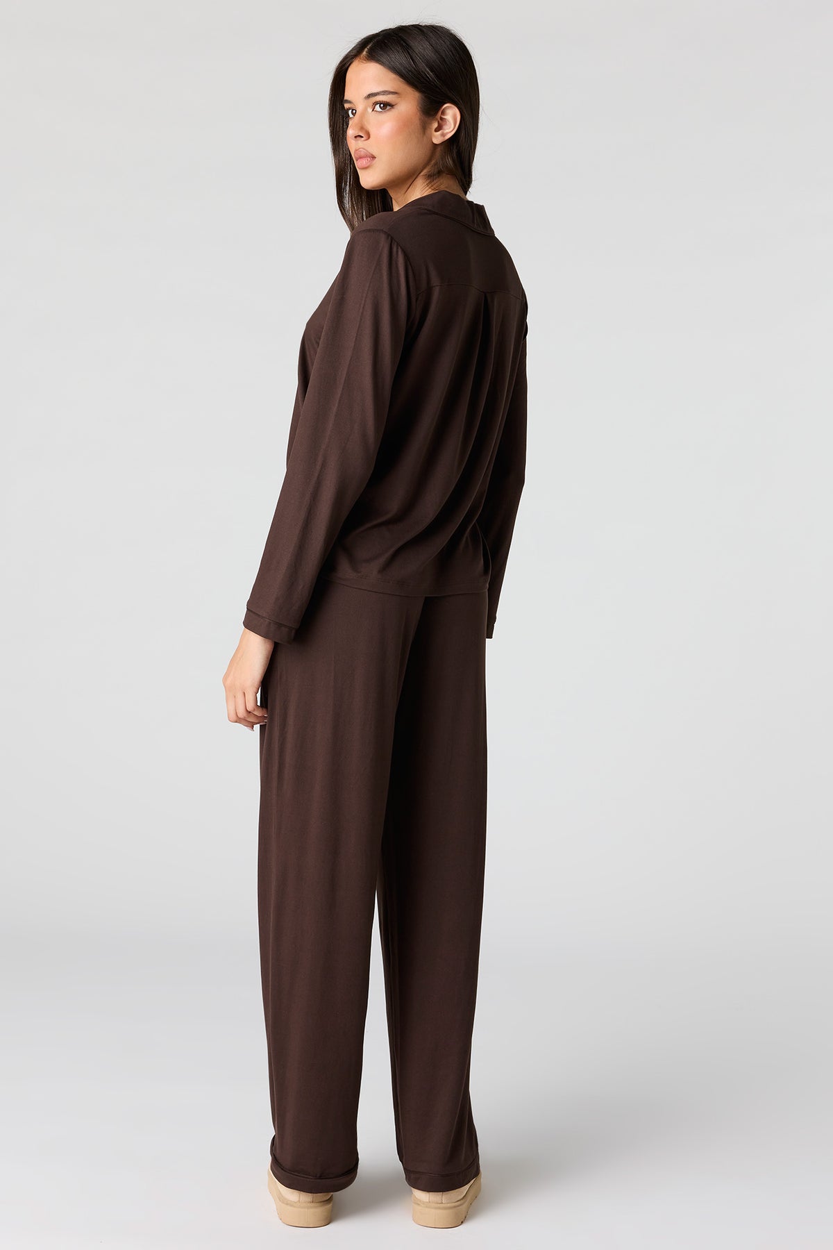 Alt View 4. Button-Up Top & Pant Pajama Set - Brown