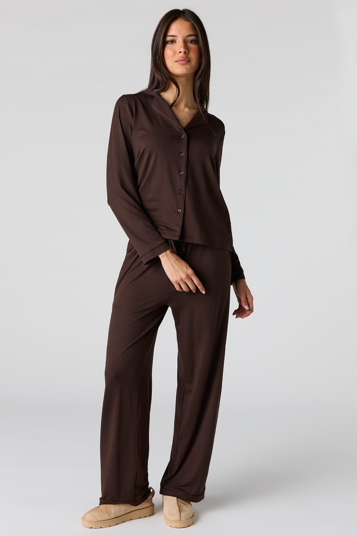 Button-Up Top & Pant Pajama Set - Brown