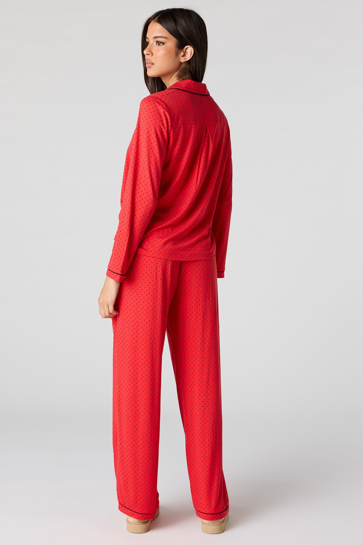 Alt View 4. Button-Up Top & Pant Pajama Set - Red